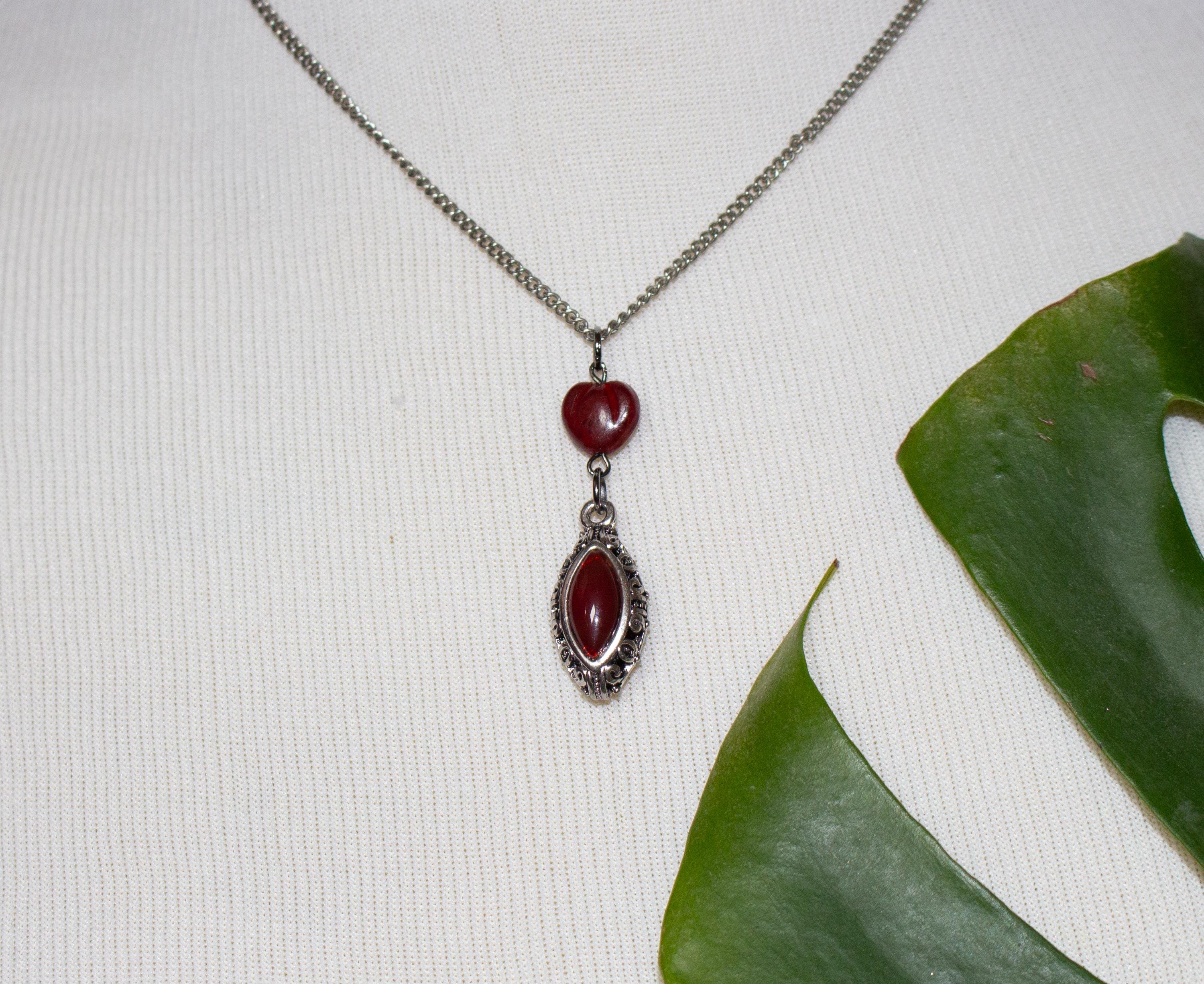 Vintage-Inspired Red Heart Silver Drop Pendant Necklace – Handmade Statement Jewelry