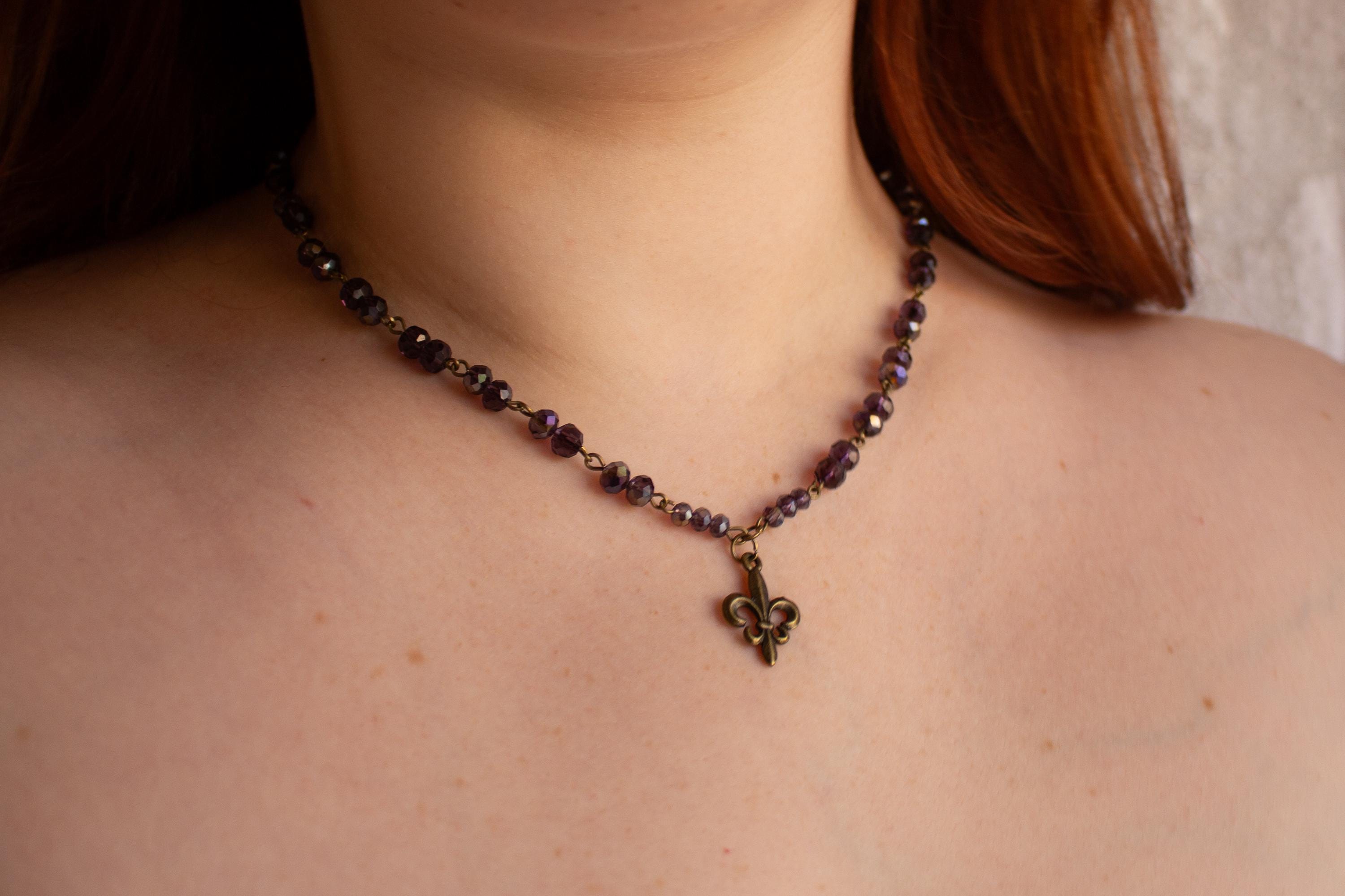 Purple Beaded Fleur-de-Lis Necklace – Vintage Inspired Pendant Jewelry