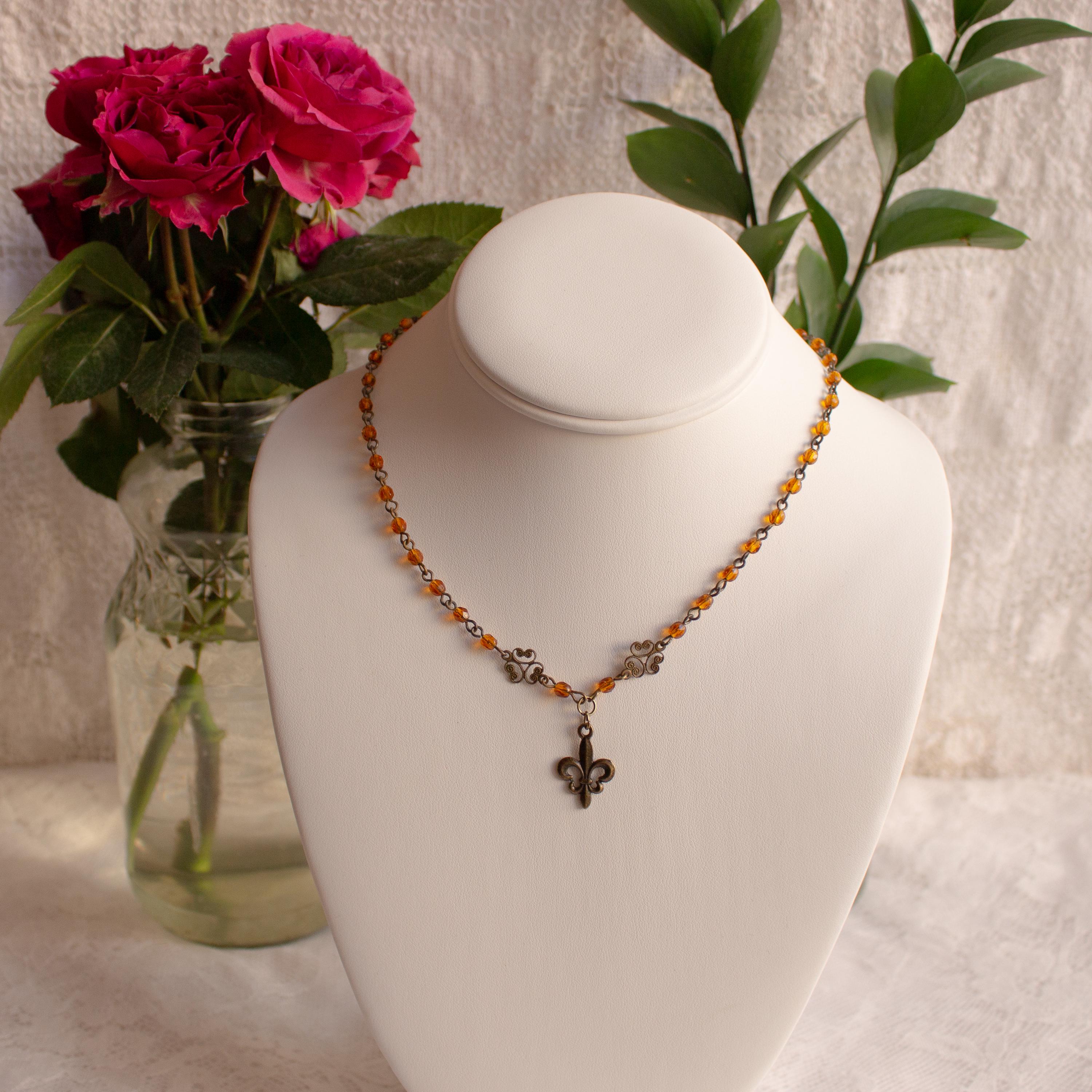 Fleur-de-Lis Beaded Necklace – Vintage Inspired Handmade Pendant with Bronze Filigree