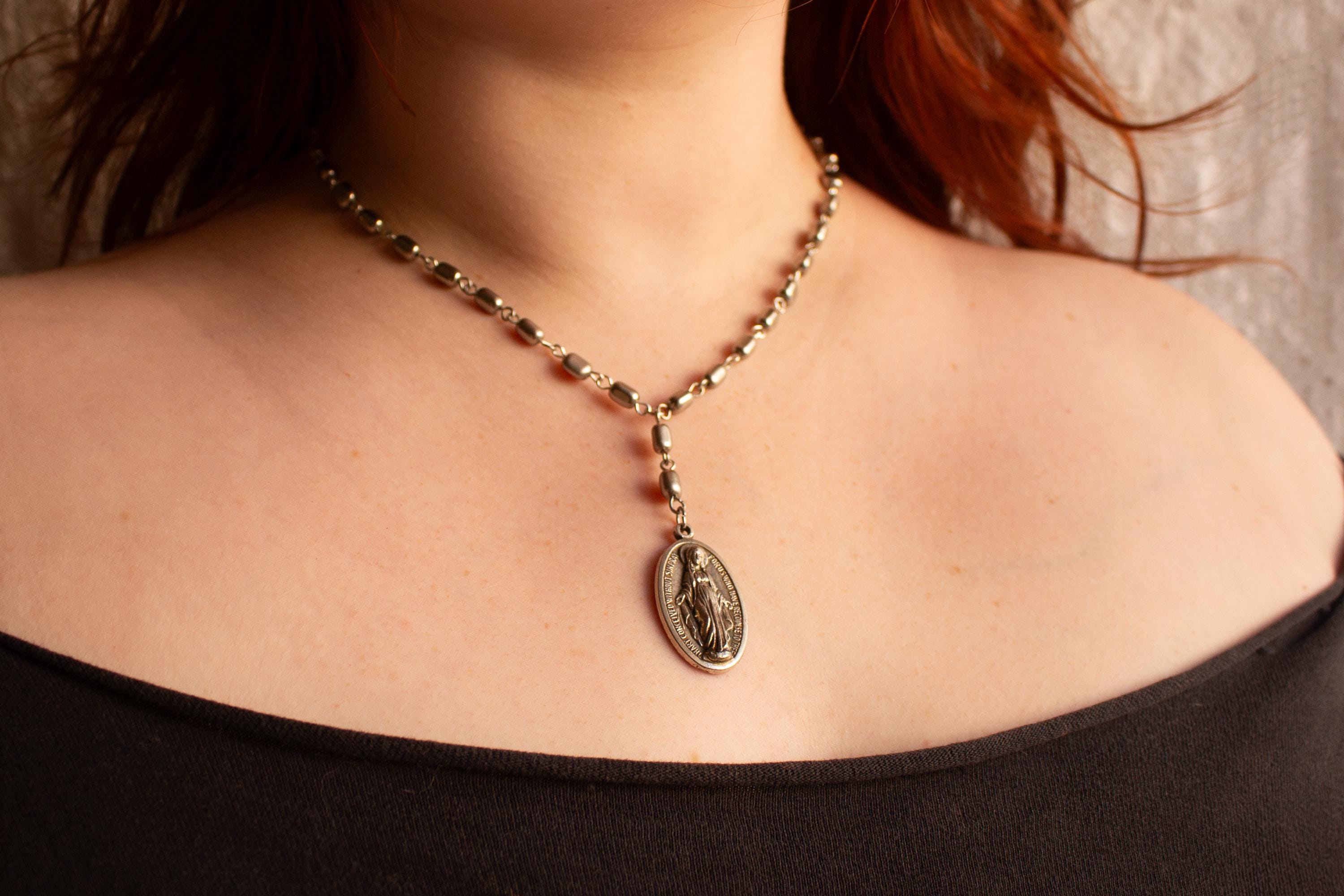 Miraculous Medal Rosary Drop Necklace – Vintage Inspired Silver Virgin Mary Pendant Jewelry