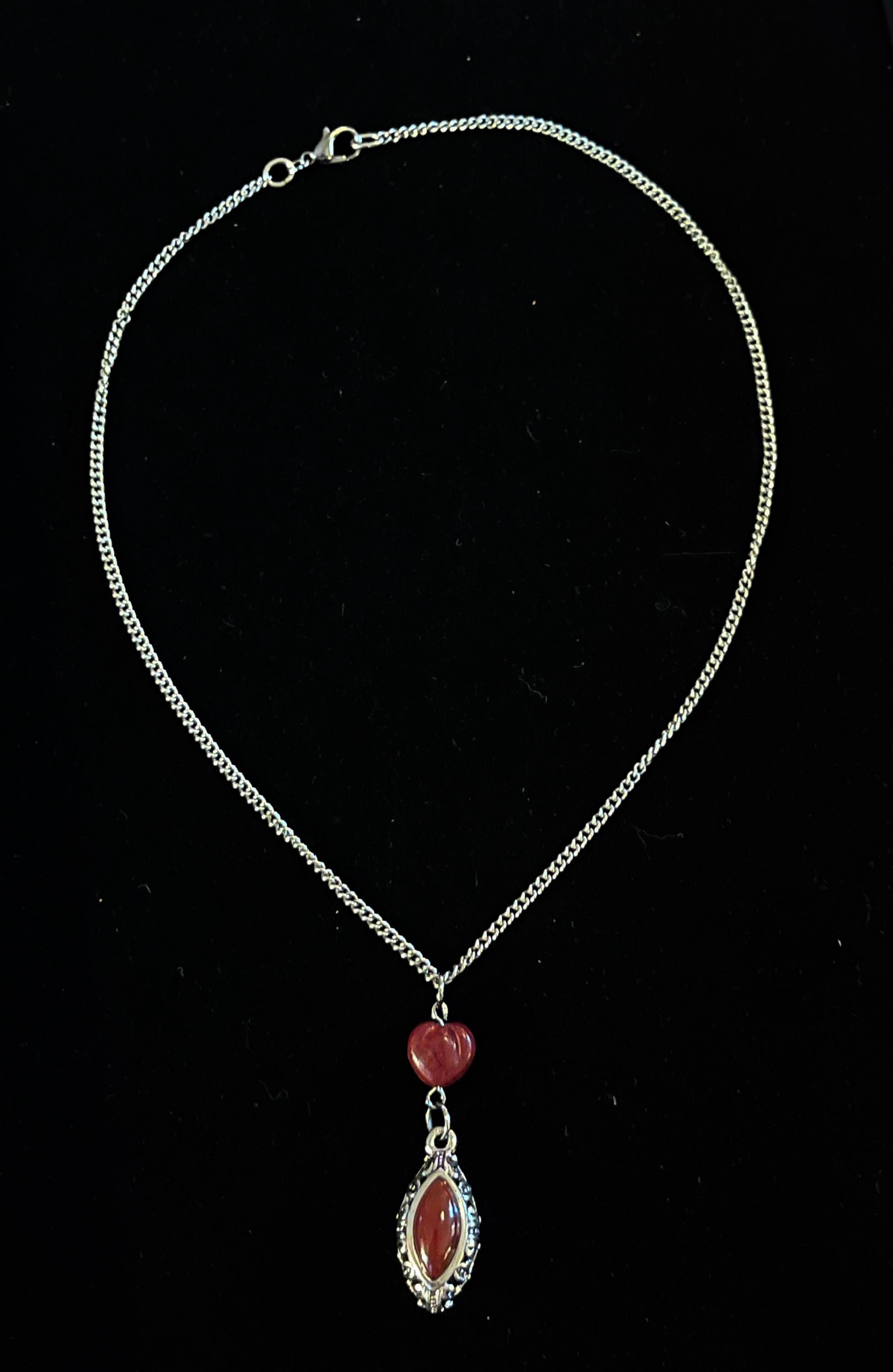 Vintage-Inspired Red Heart Silver Drop Pendant Necklace – Handmade Statement Jewelry