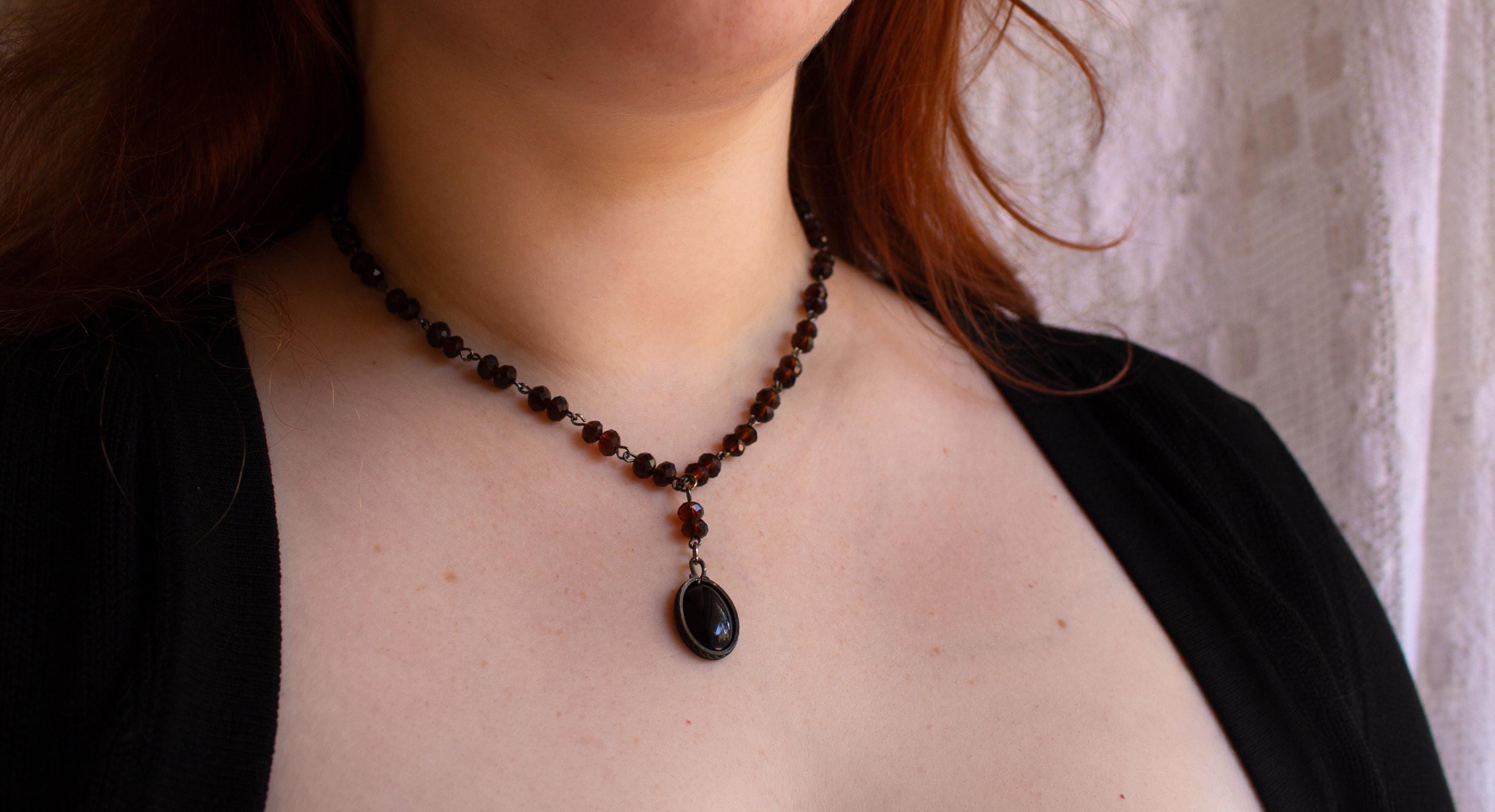 Vintage Inspired Black Stone Rosary Style Drop Necklace with Brown Beads – Handmade Spiritual Jewelry