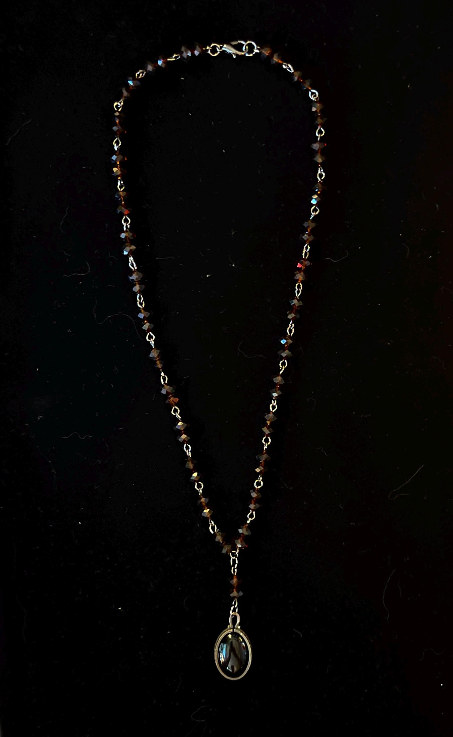 Vintage Inspired Black Stone Rosary Style Drop Necklace with Brown Beads – Handmade Spiritual Jewelry