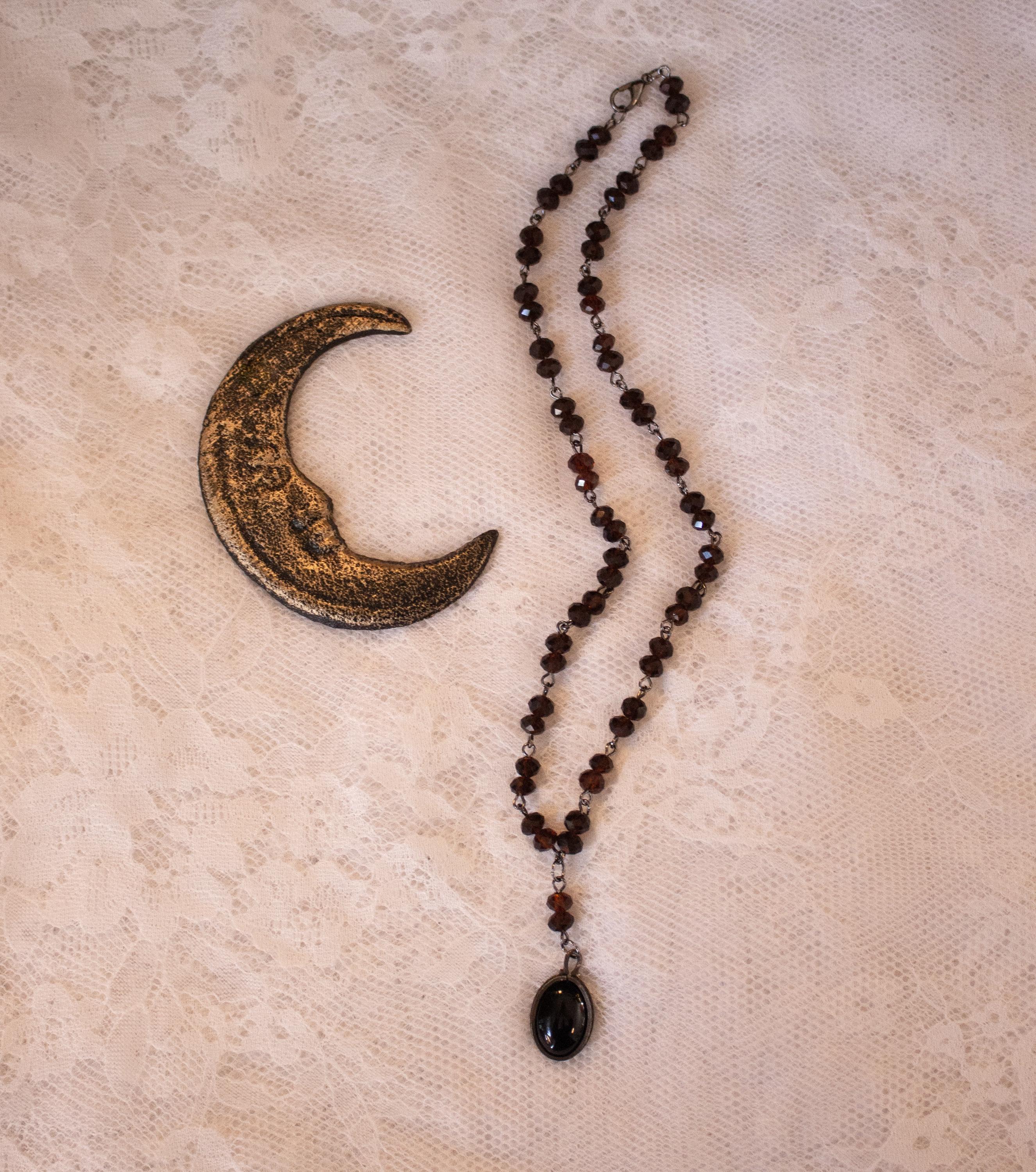 Vintage Inspired Black Stone Rosary Style Drop Necklace with Brown Beads – Handmade Spiritual Jewelry