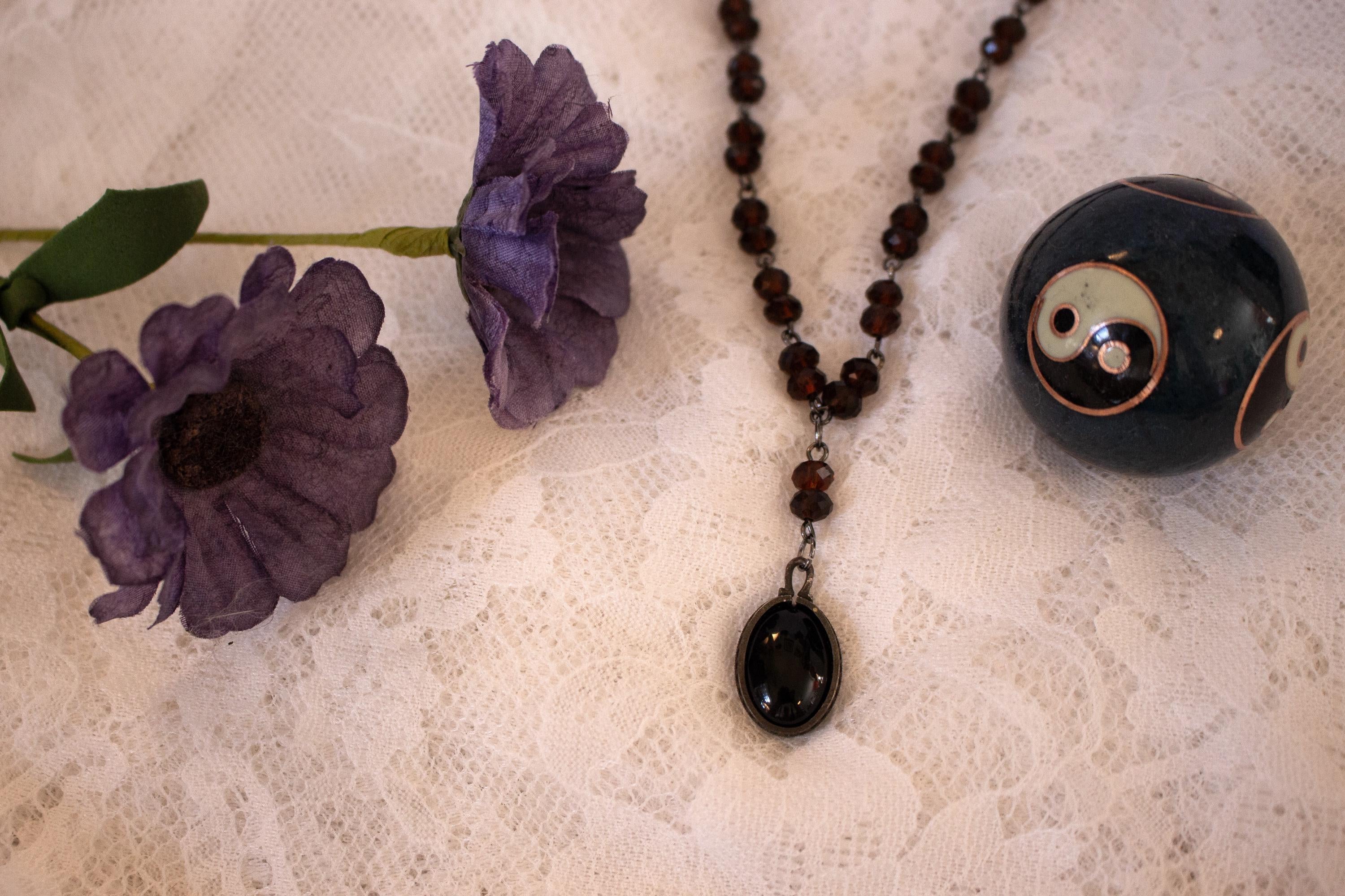 Vintage Inspired Black Stone Rosary Style Drop Necklace with Brown Beads – Handmade Spiritual Jewelry