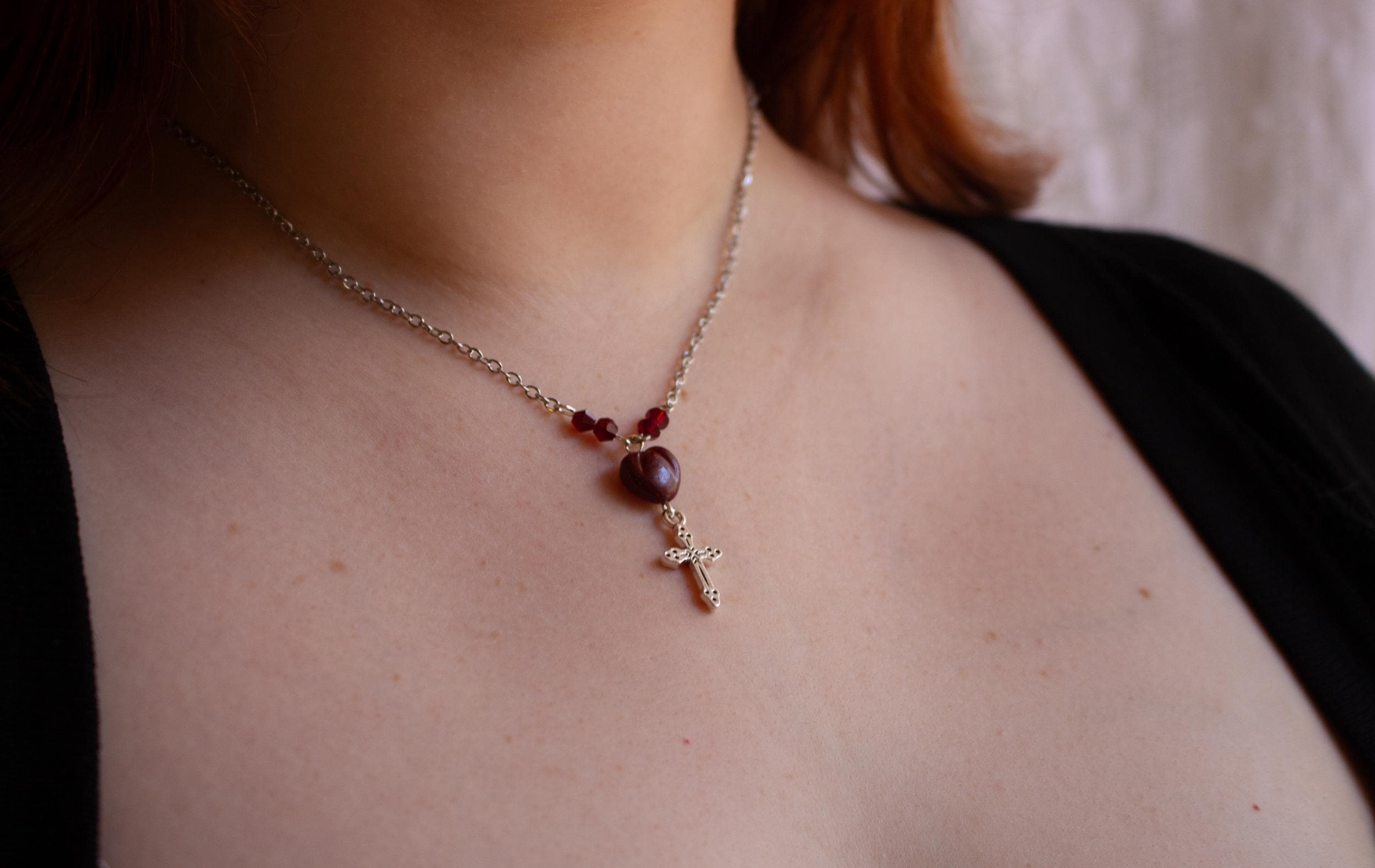 Vintage Inspired Sterling Silver Heart Bead Cross Drop Necklace – Handmade Jewelry