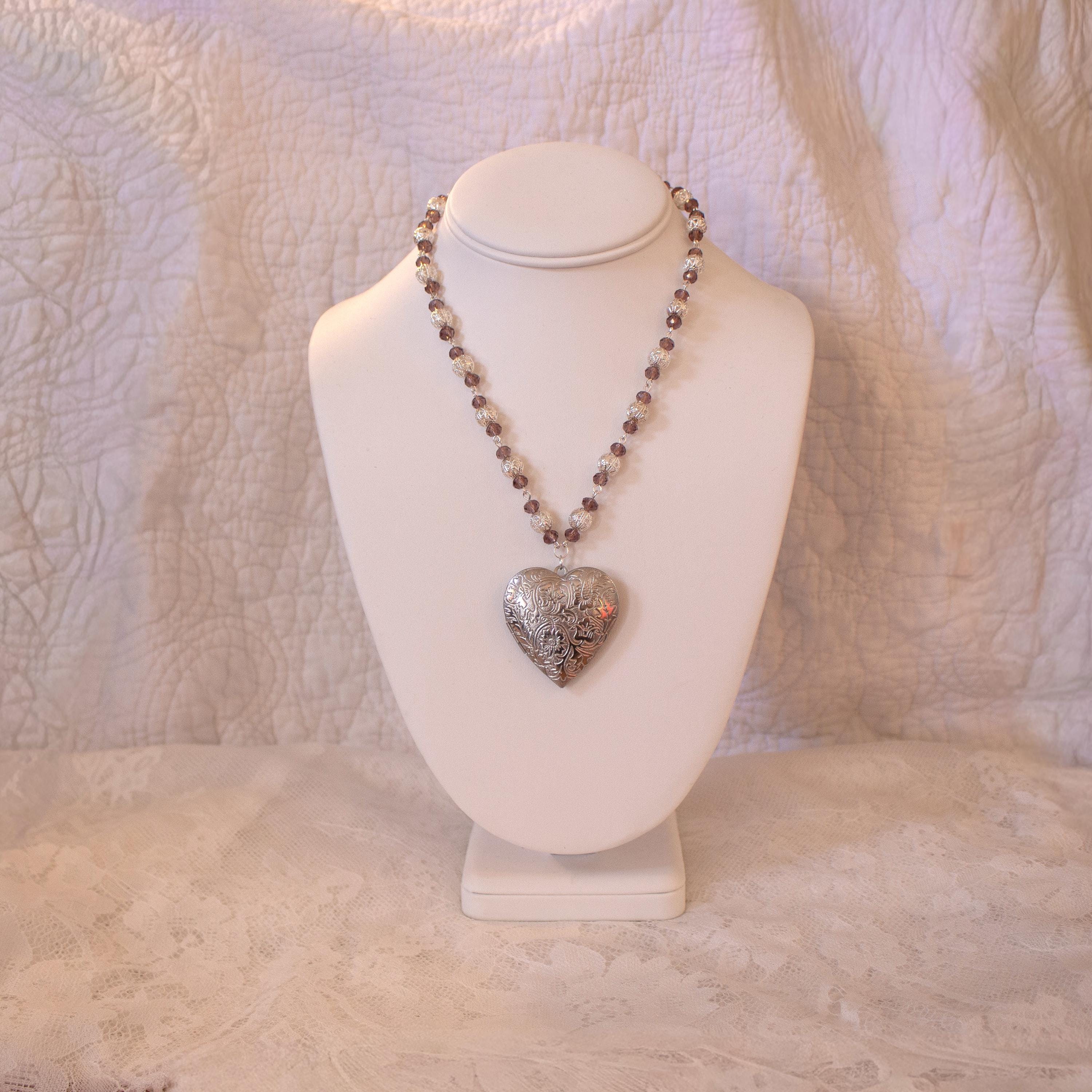 Purple and Silver Beaded Heart Locket Necklace – Vintage Inspired Oversized Pendant Jewelry