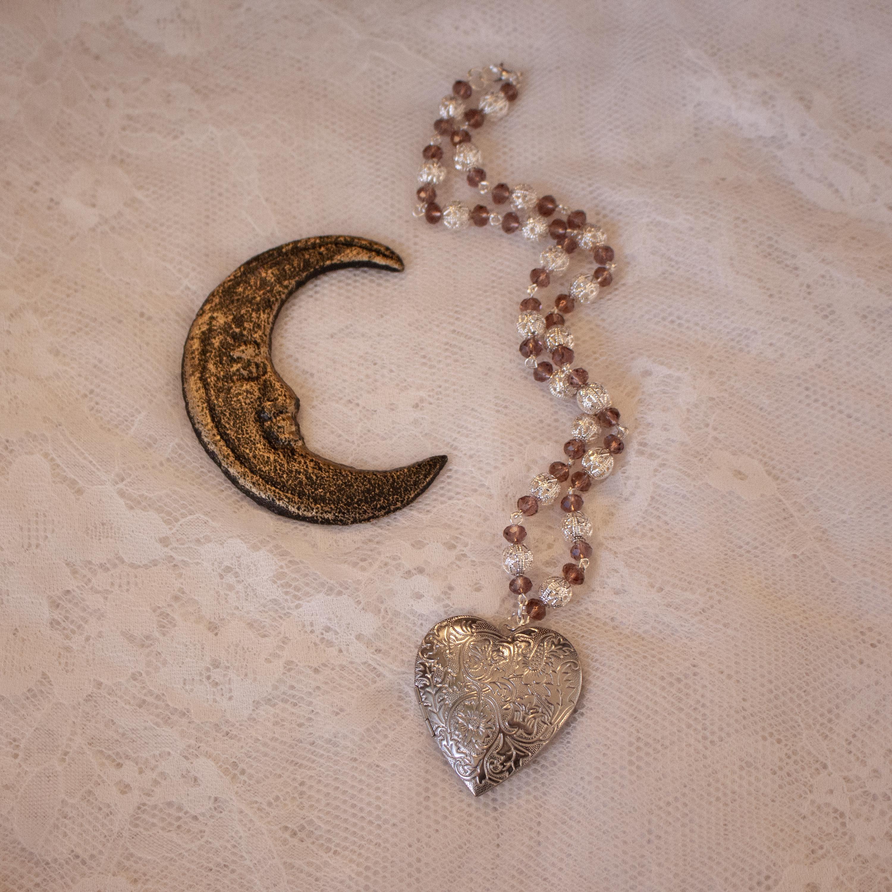 Purple and Silver Beaded Heart Locket Necklace – Vintage Inspired Oversized Pendant Jewelry