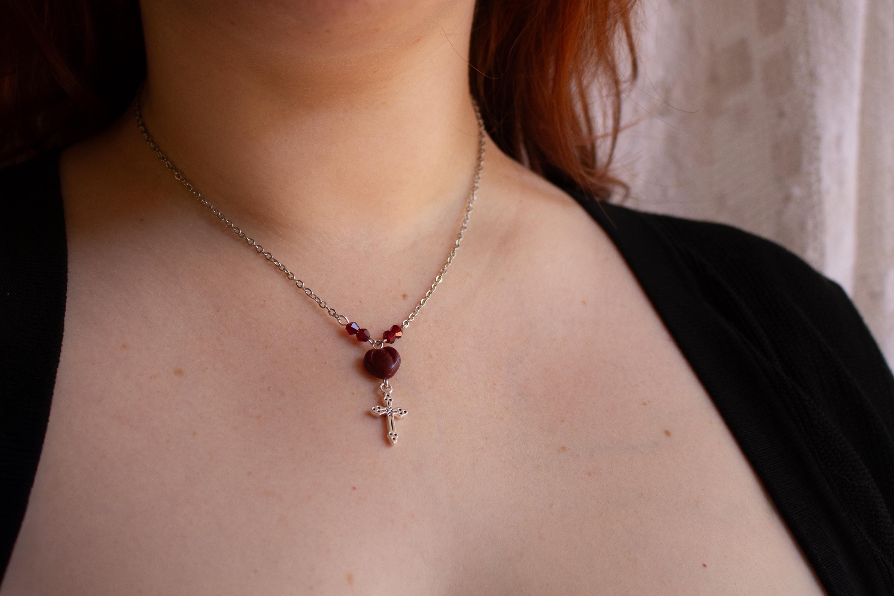 Vintage Inspired Sterling Silver Heart Bead Cross Drop Necklace – Handmade Jewelry