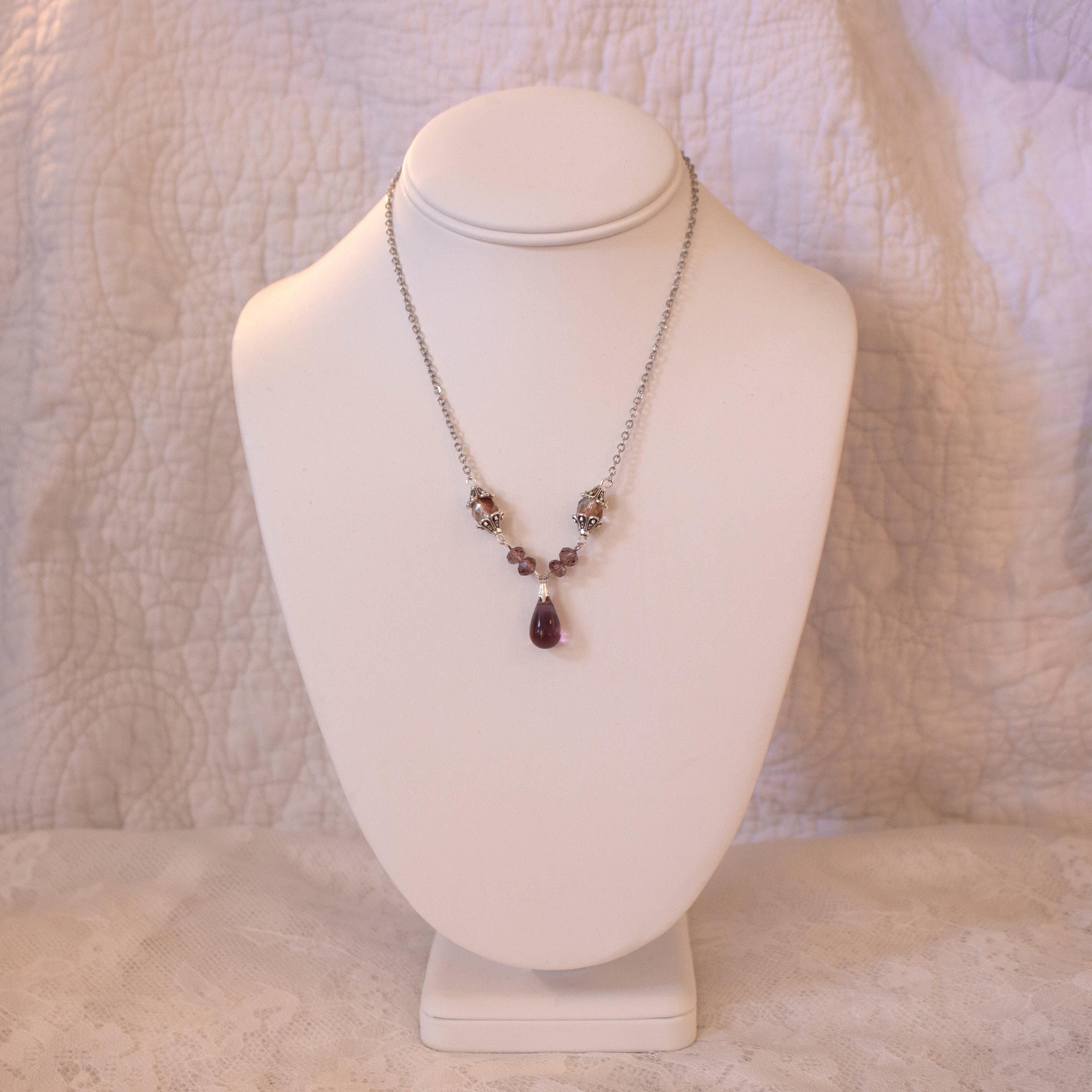 Vintage Inspired Purple Drop Necklace – Silver Accent Handmade Jewelry