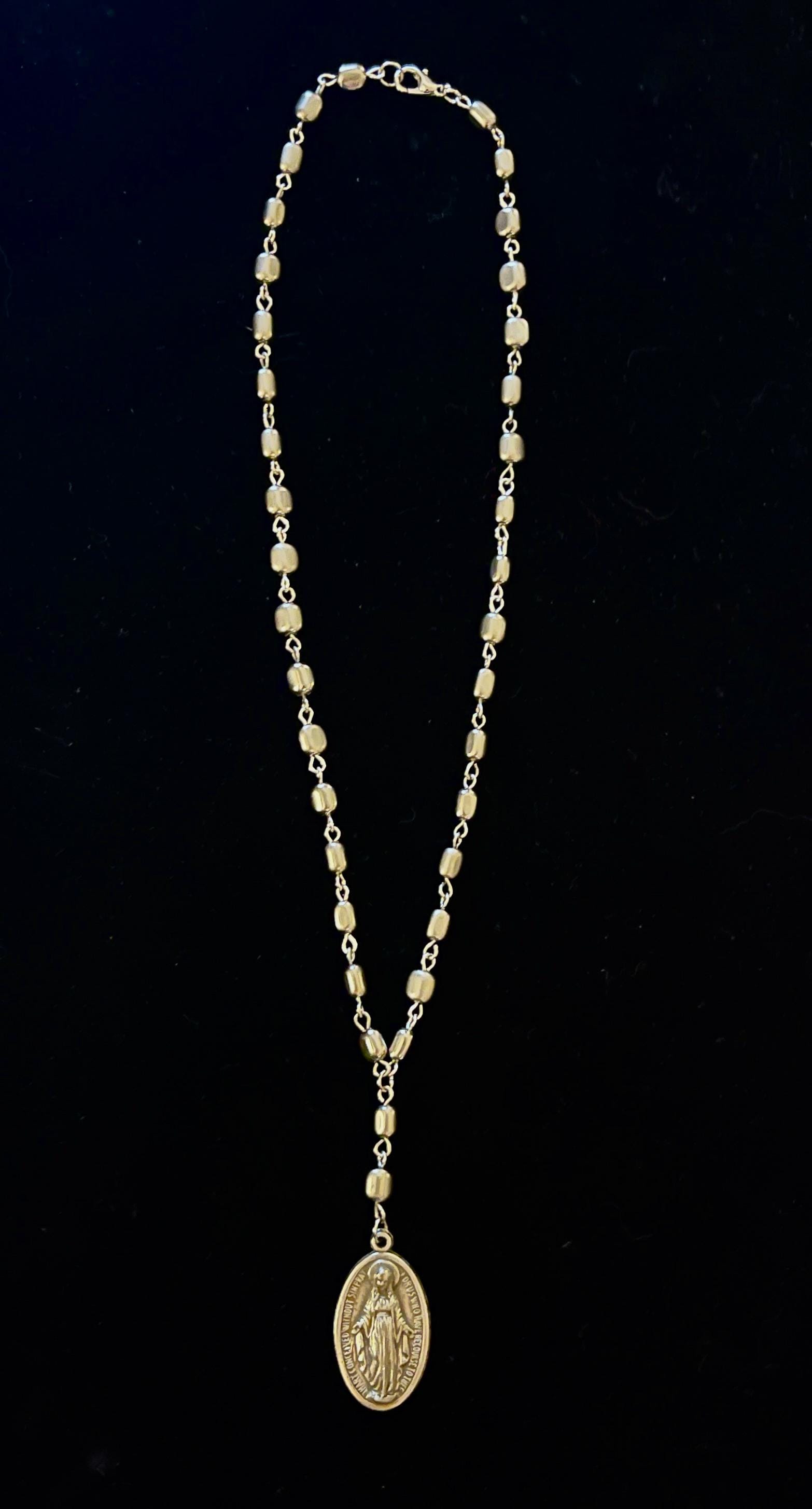 Miraculous Medal Rosary Drop Necklace – Vintage Inspired Silver Virgin Mary Pendant Jewelry