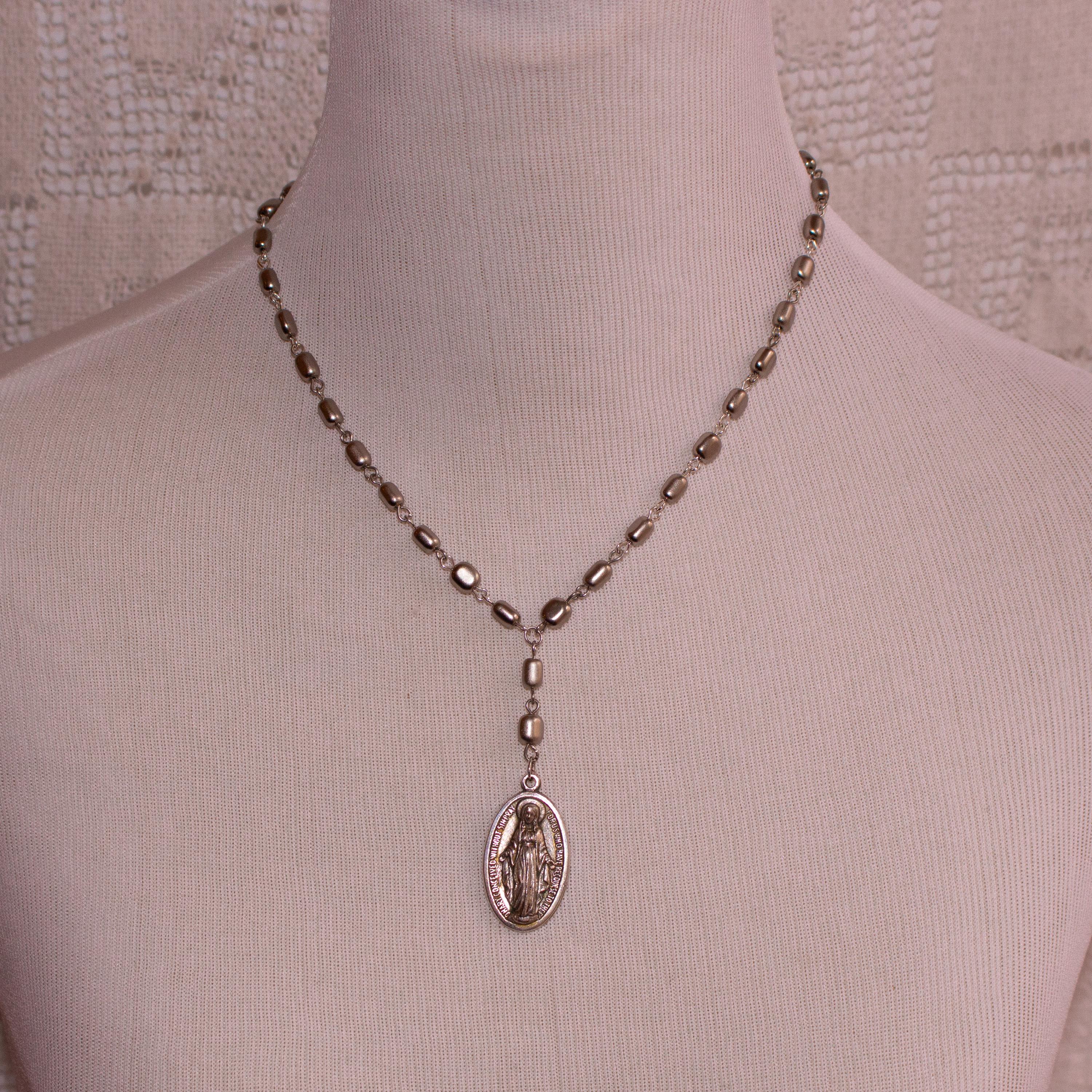 Miraculous Medal Rosary Drop Necklace – Vintage Inspired Silver Virgin Mary Pendant Jewelry