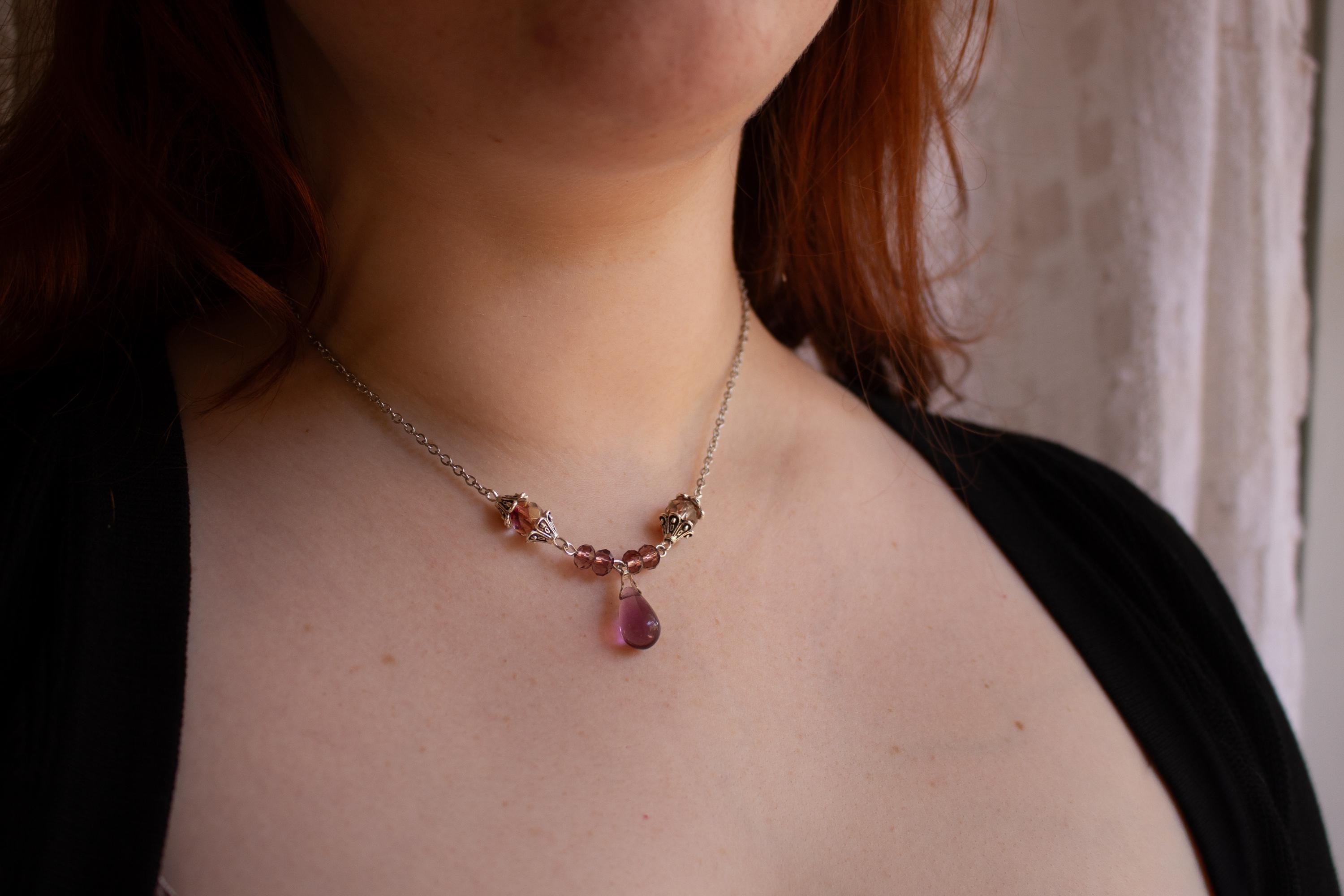 Vintage Inspired Purple Drop Necklace – Silver Accent Handmade Jewelry