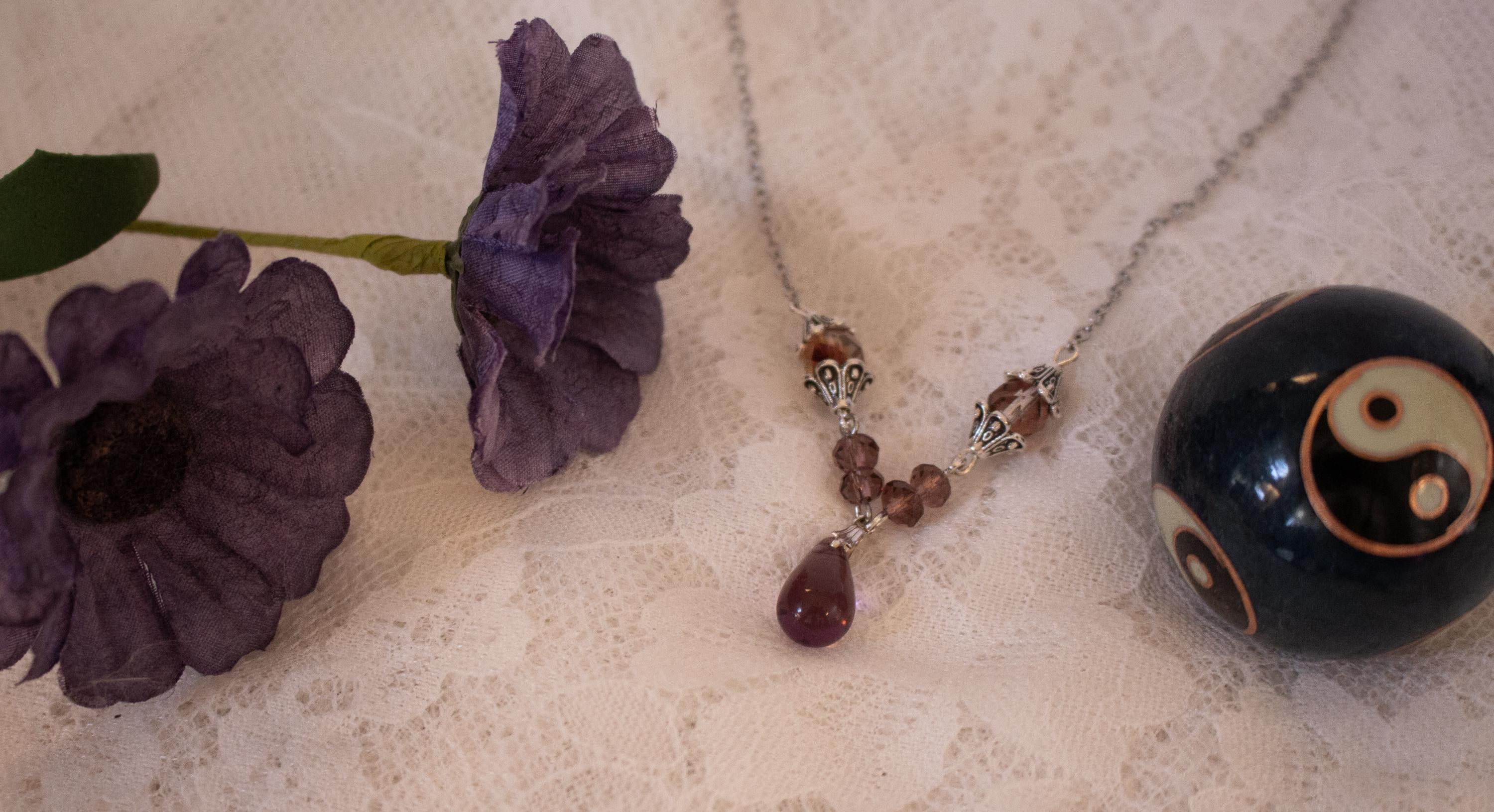 Vintage Inspired Purple Drop Necklace – Silver Accent Handmade Jewelry