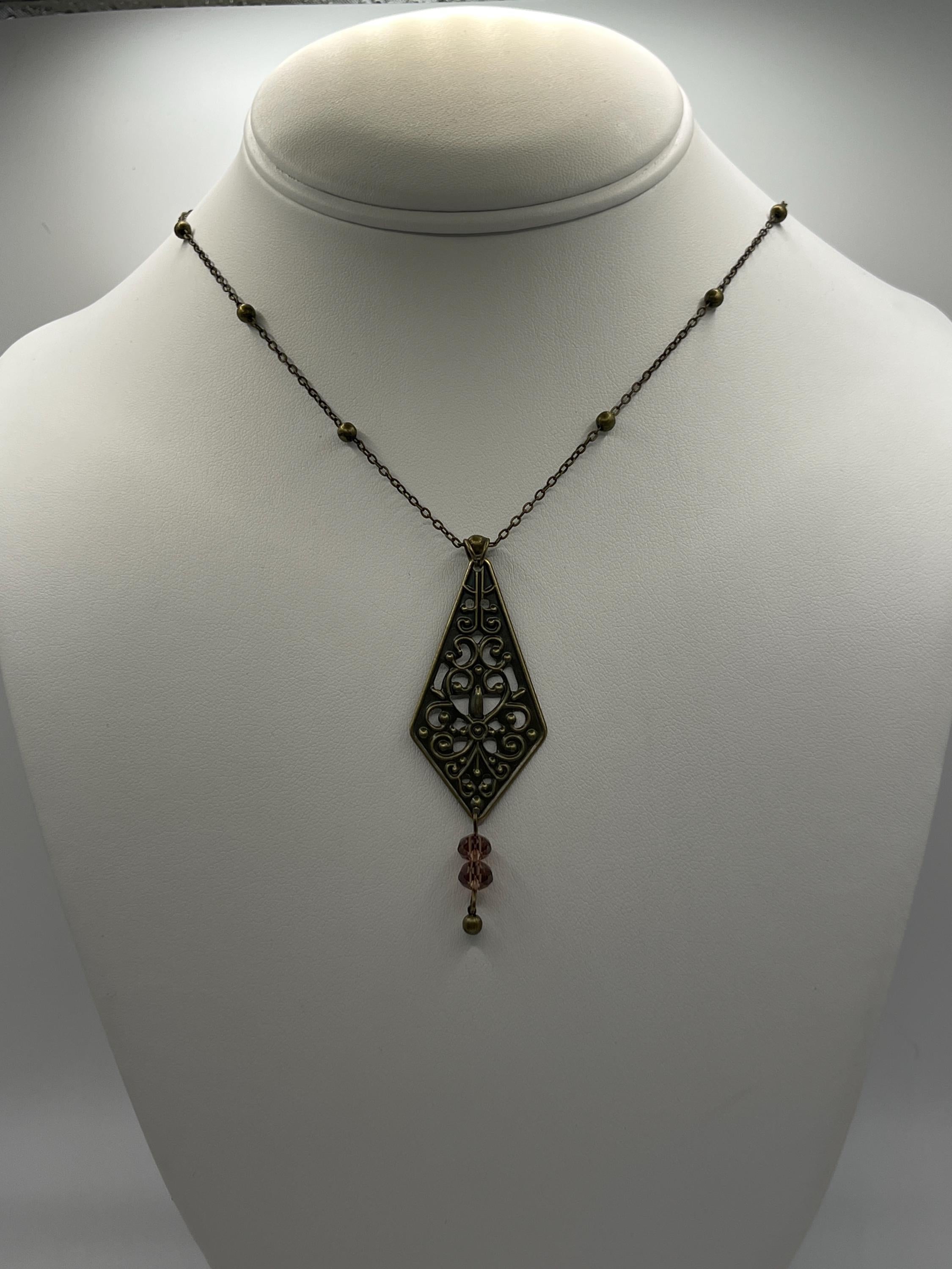 Vintage Inspired Art Nouveau Bronze Filigree Pendant Purple Bead Drop Necklace