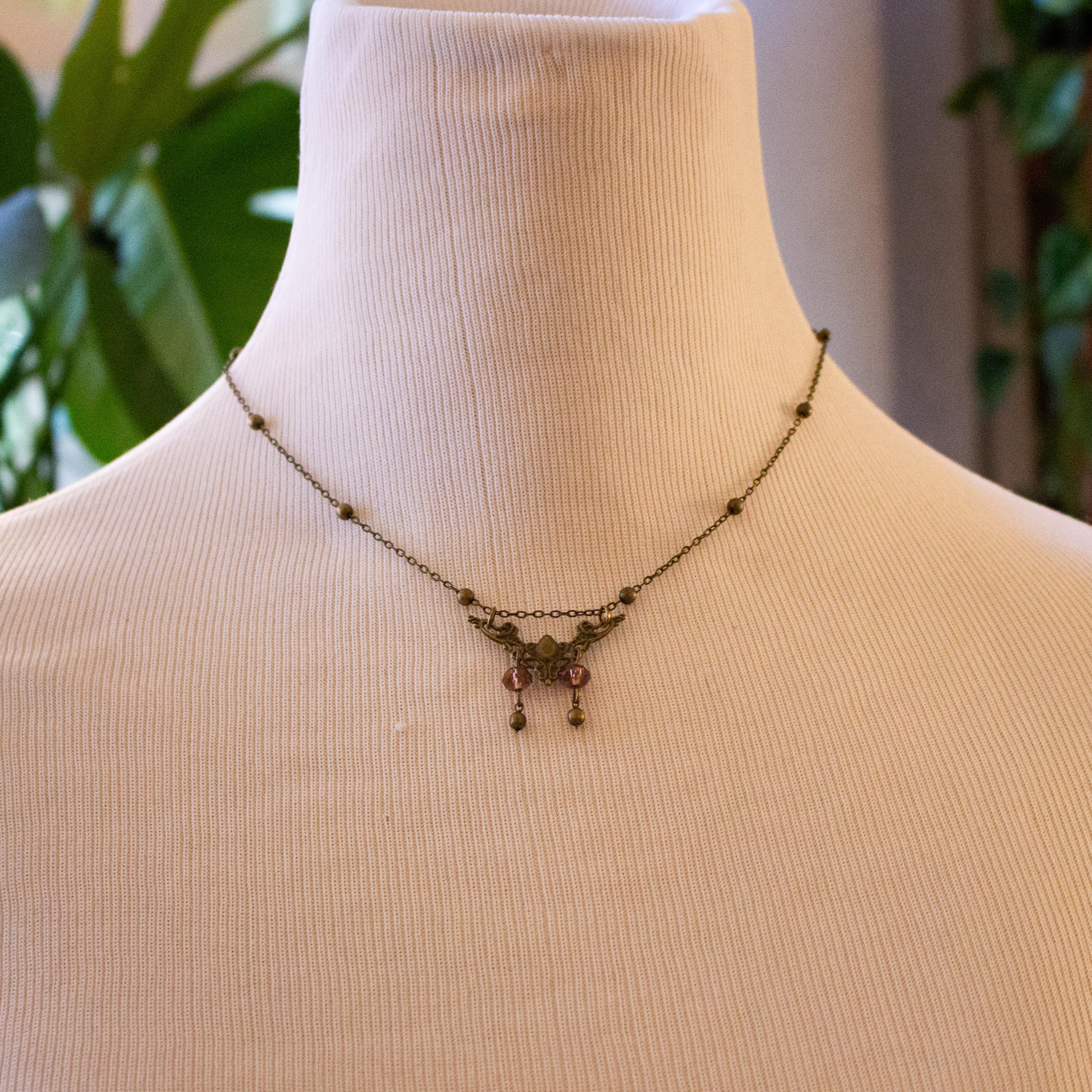 Vintage Inspired Art Nouveau Small Bronze Filigree Pendant Purple Bead Necklace