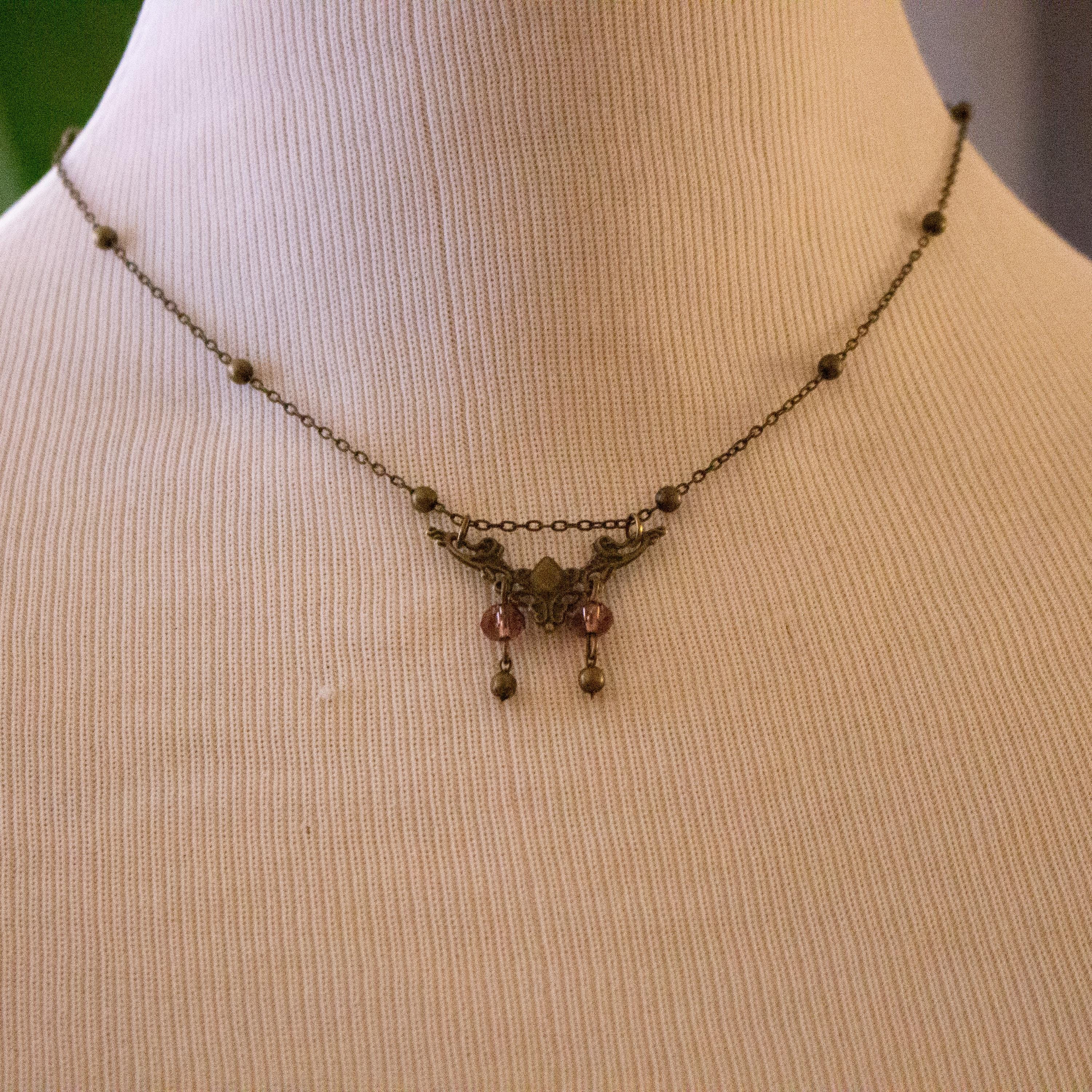 Vintage Inspired Art Nouveau Small Bronze Filigree Pendant Purple Bead Necklace