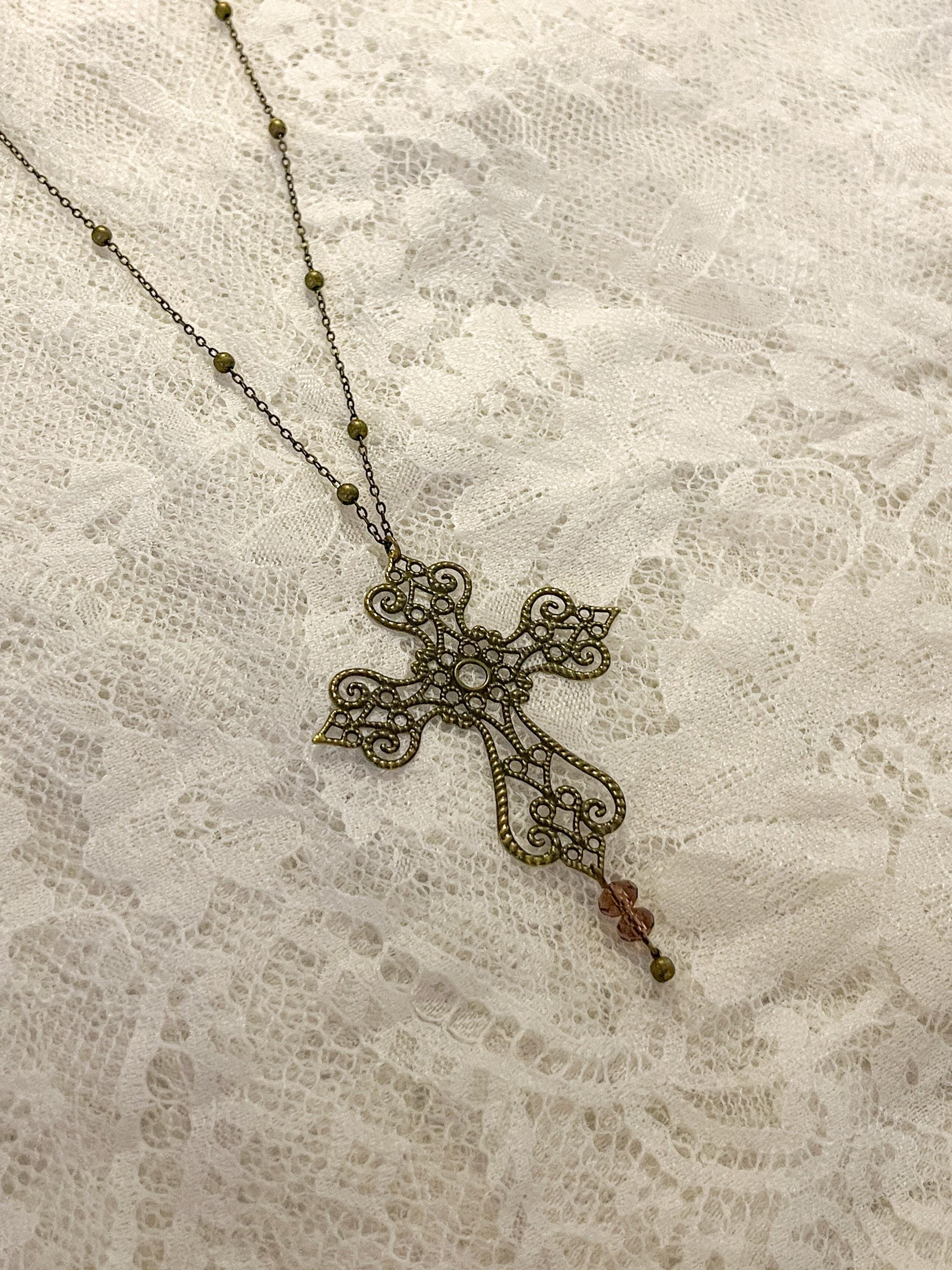 Vintage Art Nouveau Inspired Bronze Filigree Cross Necklace ⋆ Three Purple Bead Drop Pendant ⋆