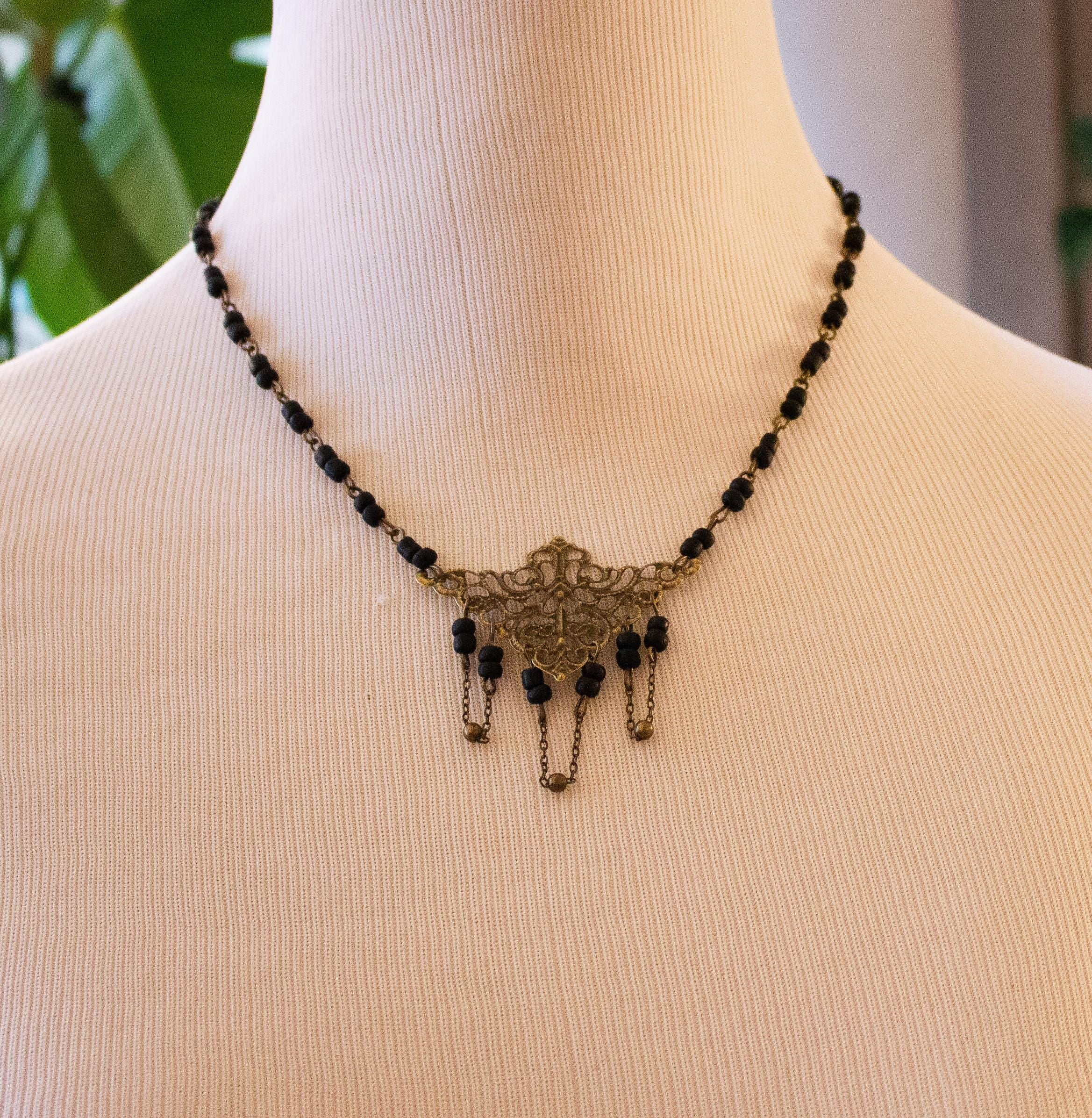 Vintage Art Nouveau Inspired Handmade Beaded Necklace with Bead and Chain Loops