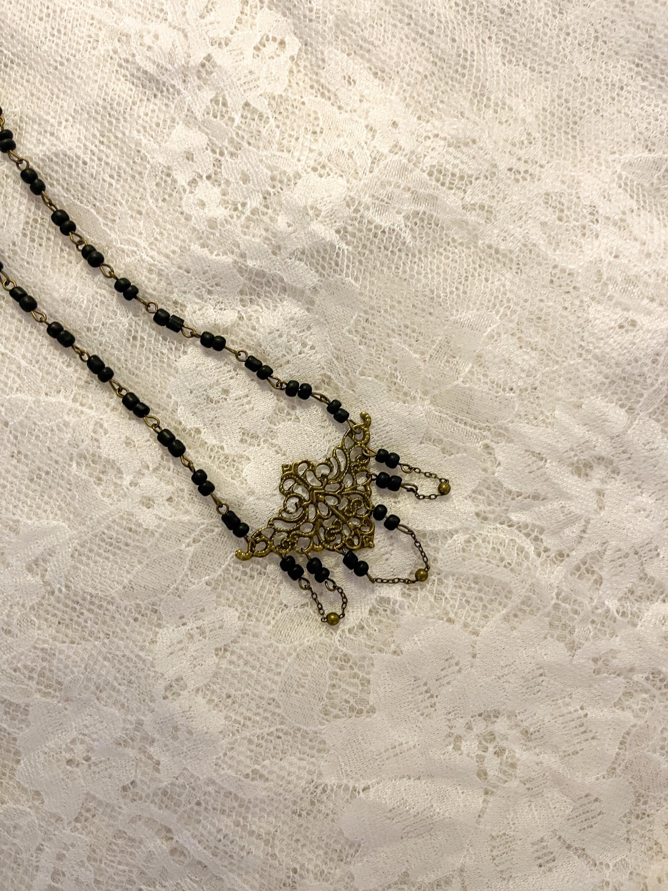 Vintage Art Nouveau Inspired Handmade Beaded Necklace with Bead and Chain Loops