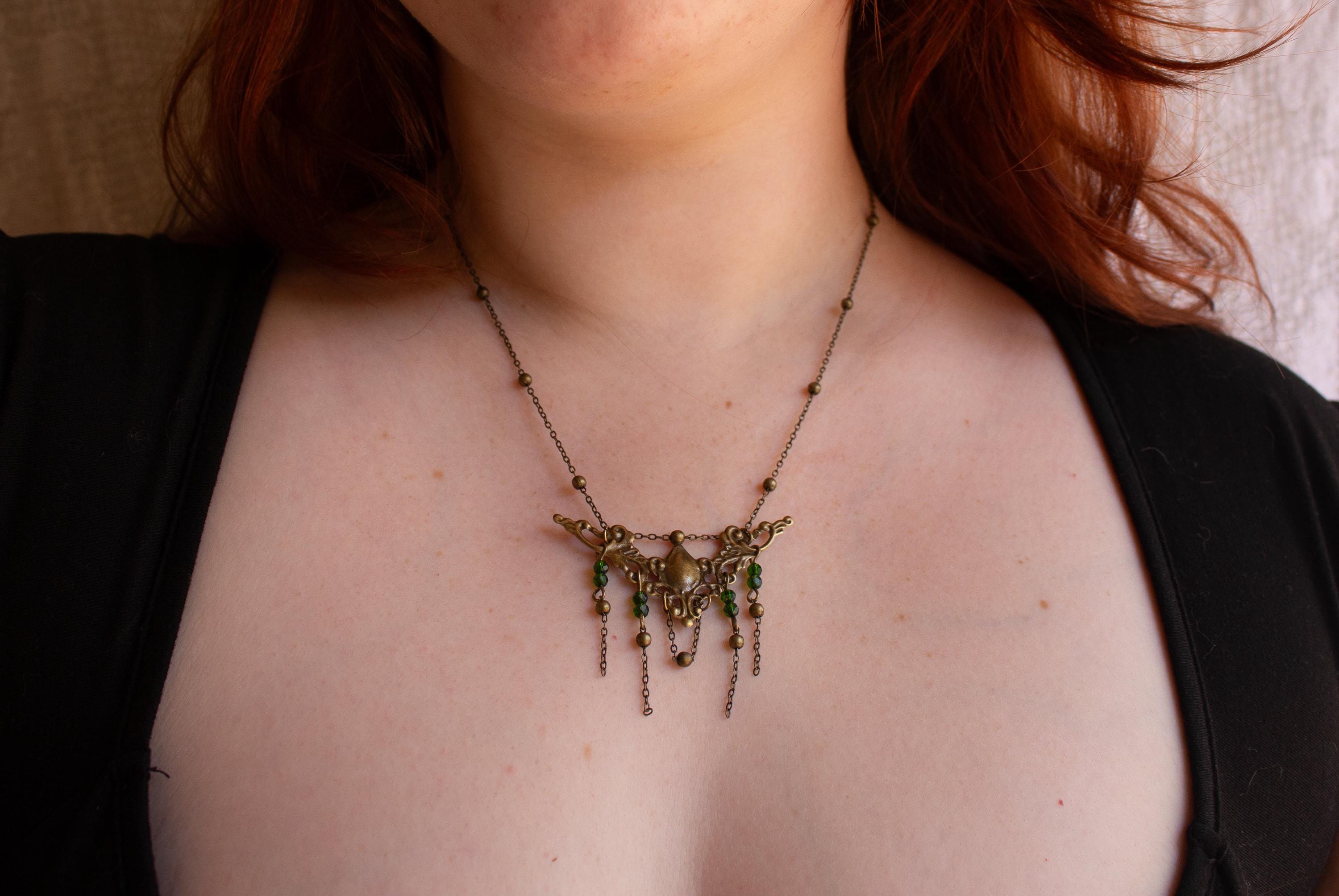 Vintage Art Nouveau Inspired Large Bronze Filigree Necklace with Green Beaded Chain Drops