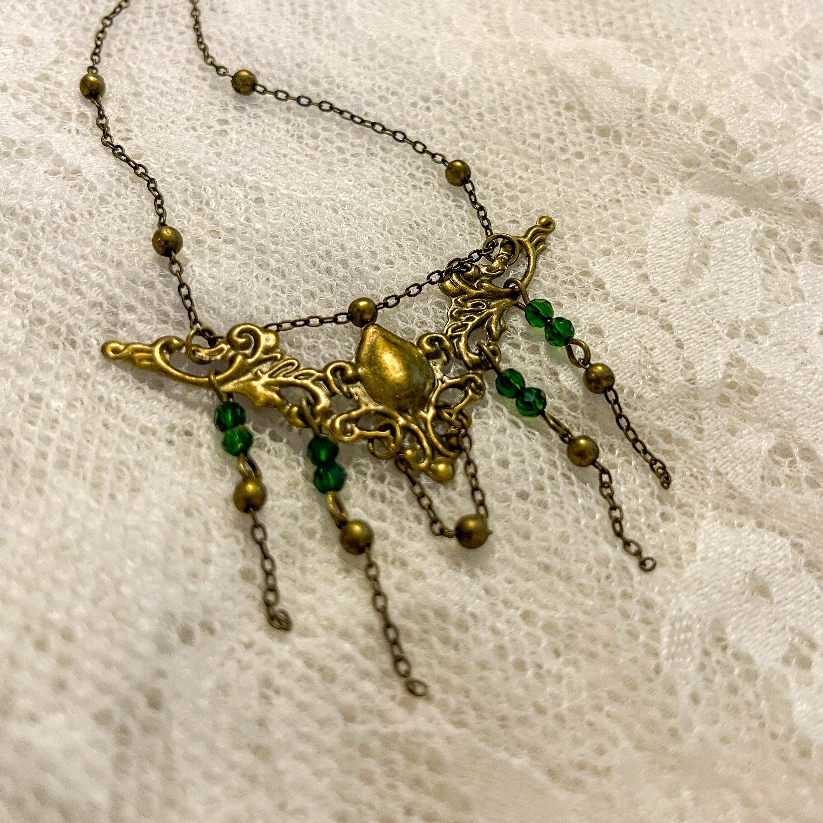 Vintage Art Nouveau Inspired Large Bronze Filigree Necklace with Green Beaded Chain Drops