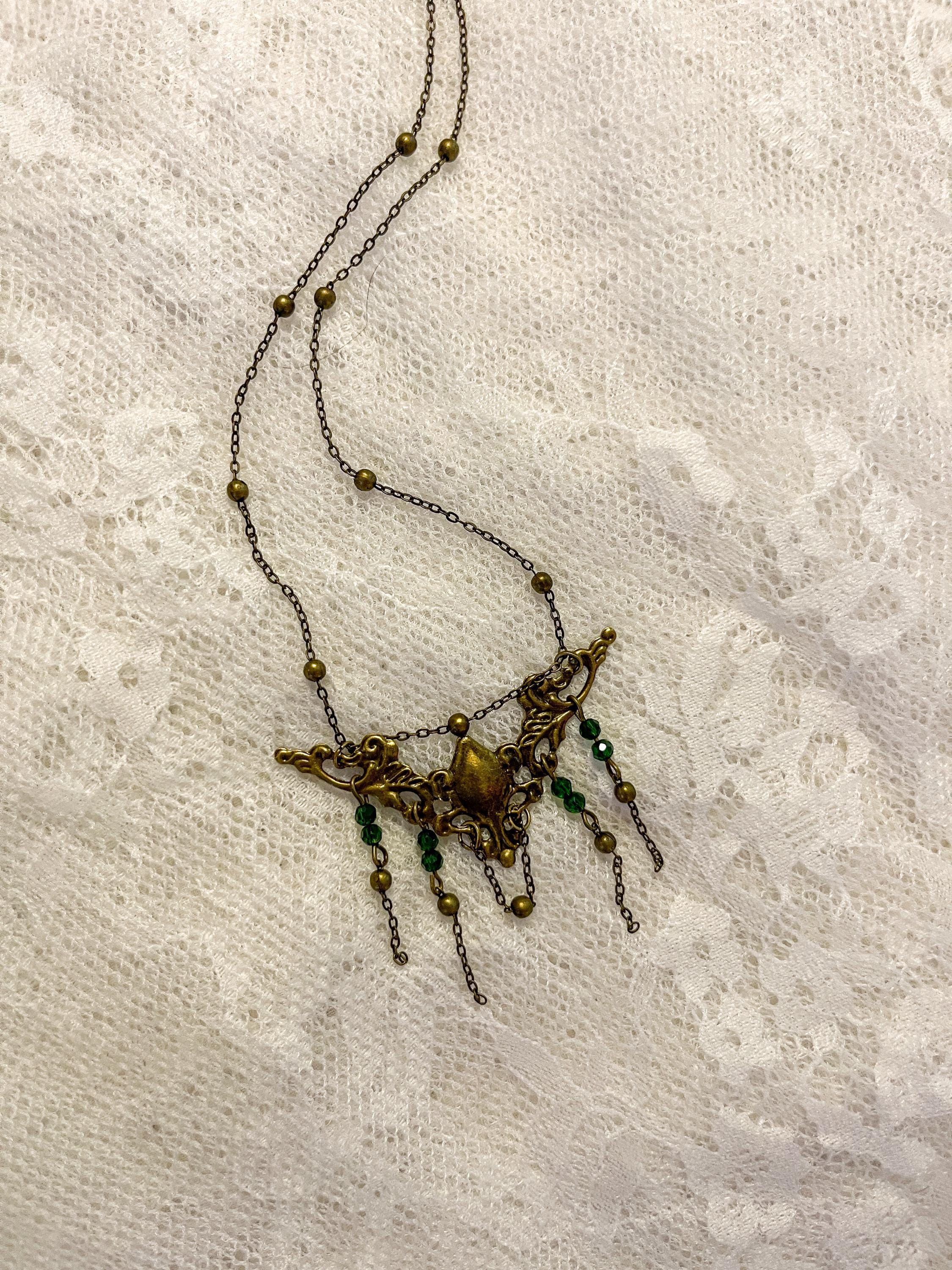Vintage Art Nouveau Inspired Large Bronze Filigree Necklace with Green Beaded Chain Drops