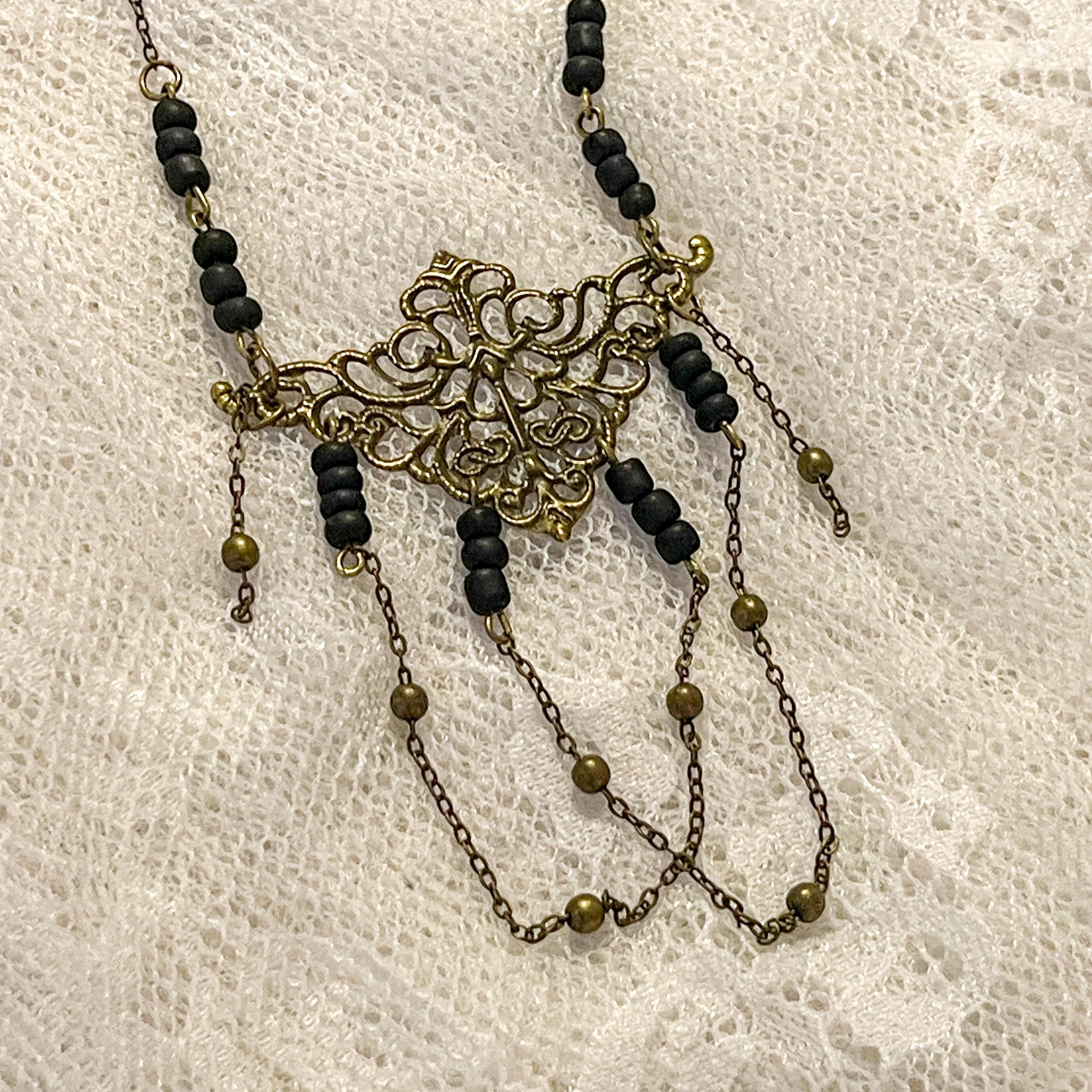 Vintage Art Nouveau Inspired Handmade Beaded Necklace with Bead and Chain Loops