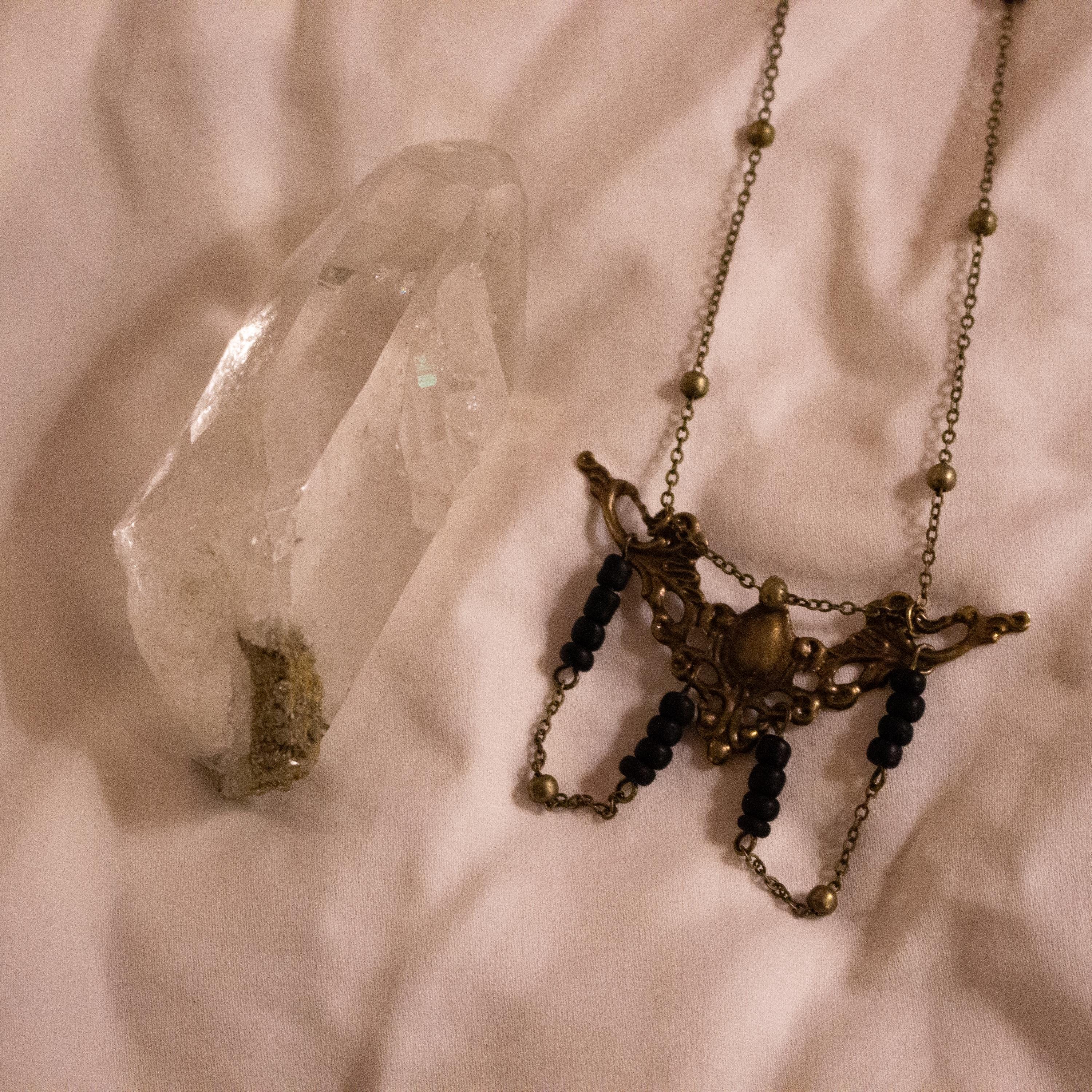 Art Nouveau Bronze Filigree Necklace ⋆ Vintage Inspired Black Bead Pendant with Draping Chains ⋆