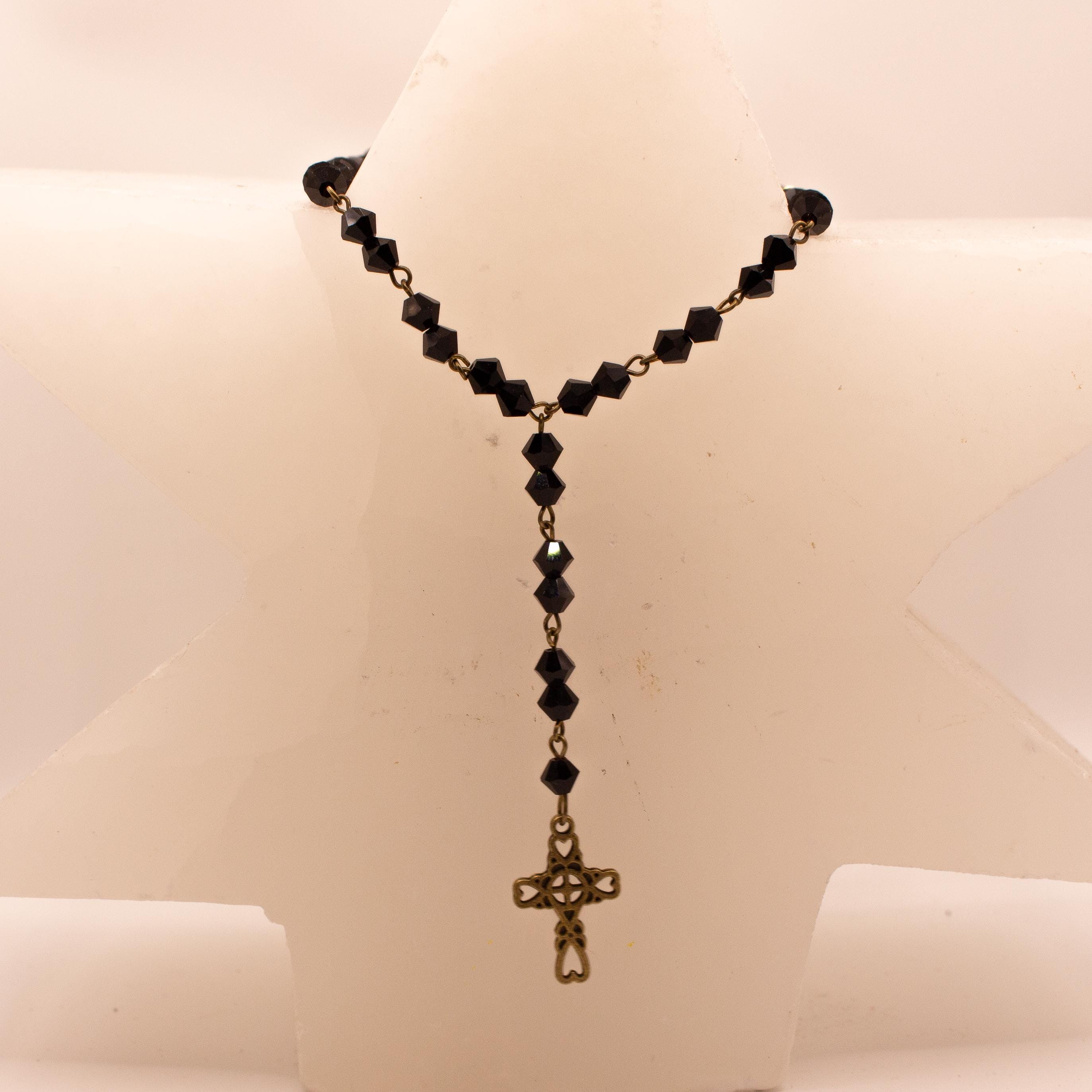 Vintage Inspired Black Glass Beaded Rosary Necklace ⋆ Bronze Cross Pendant Drop ⋆ Gothic Victorian Statement Jewelry
