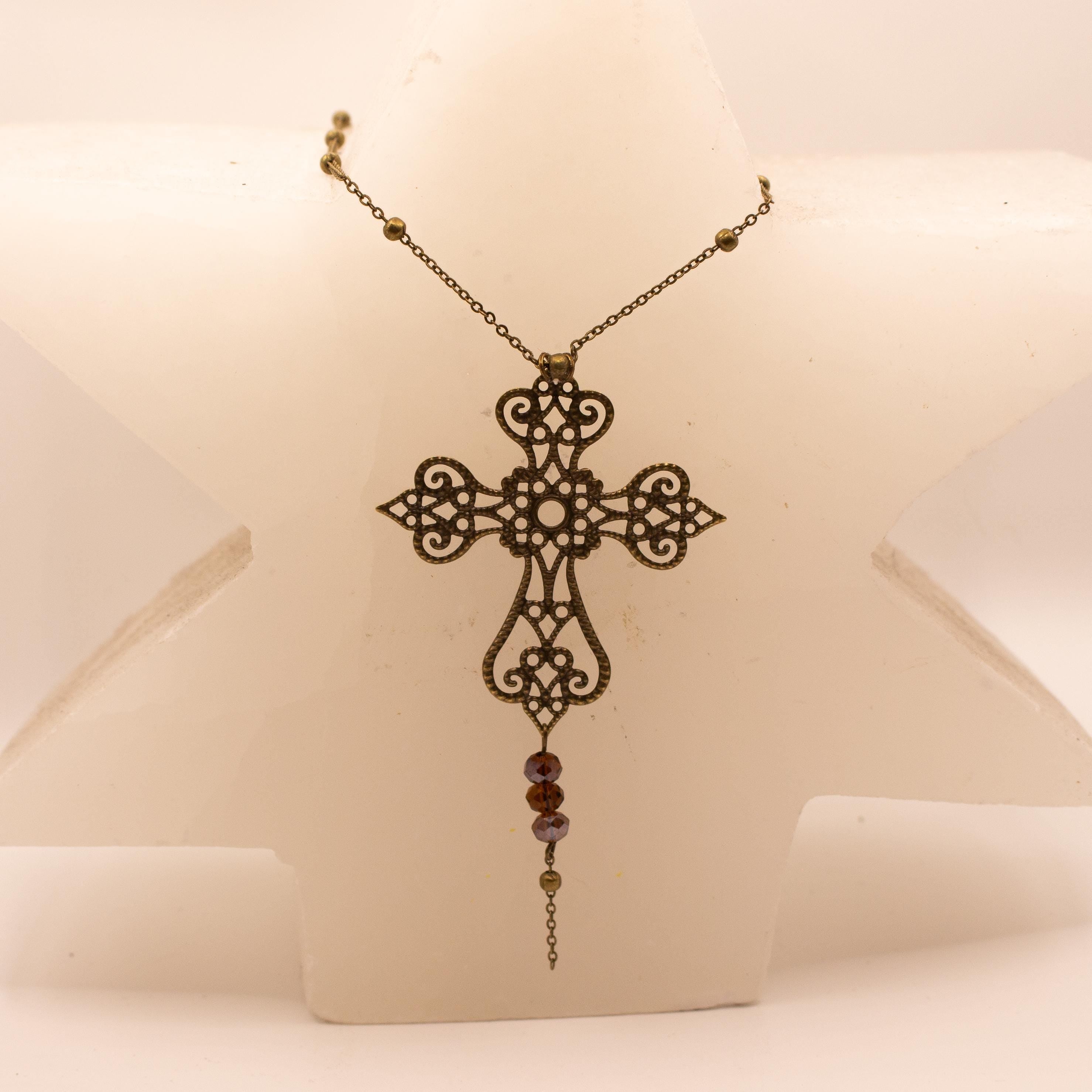 Vintage Art Nouveau Inspired Bronze Filigree Cross Necklace ⋆ Three Purple Bead Drop Pendant