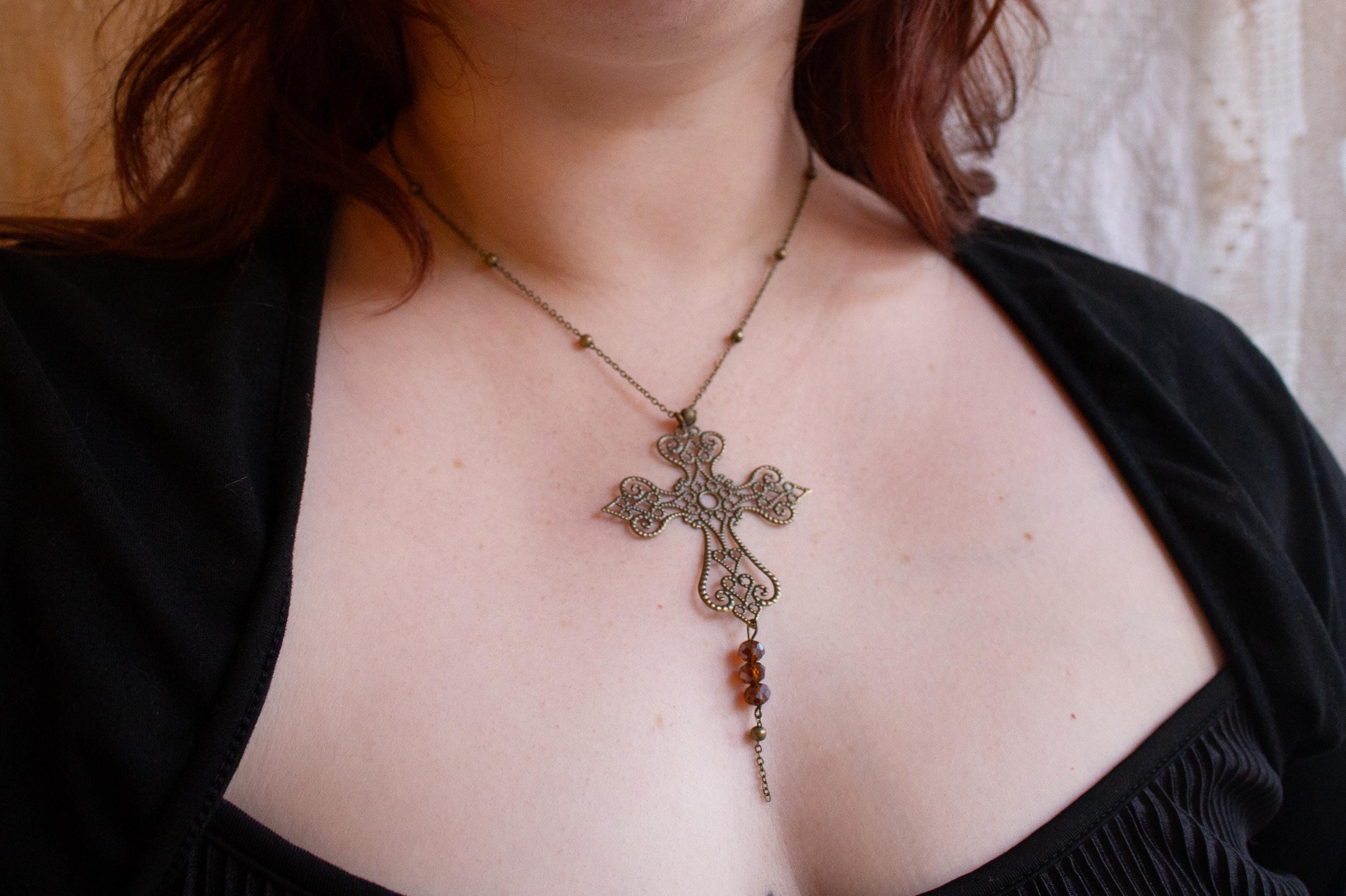 Vintage Art Nouveau Inspired Bronze Filigree Cross Necklace ⋆ Three Purple Bead Drop Pendant