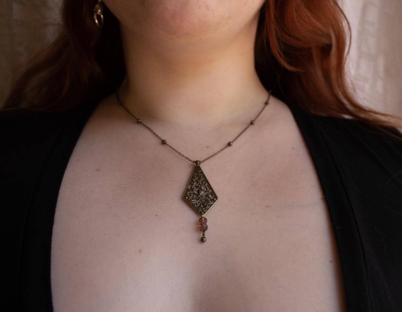 Vintage Inspired Art Nouveau Bronze Filigree Pendant Purple Bead Drop Necklace