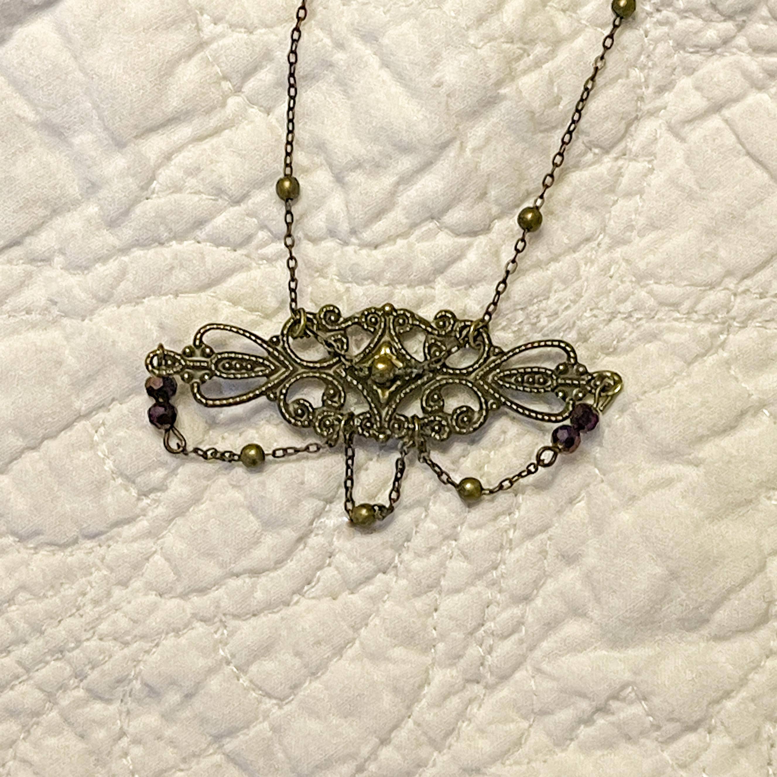 Vintage-Inspired Art Nouveau Necklace • Dark Bronze Filigree Pendant with Delicate Chains & Purple Beads