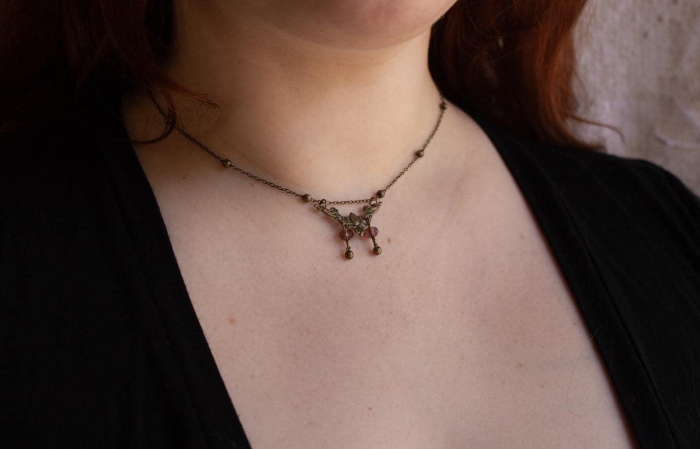 Vintage Inspired Art Nouveau Small Bronze Filigree Pendant Purple Bead Necklace