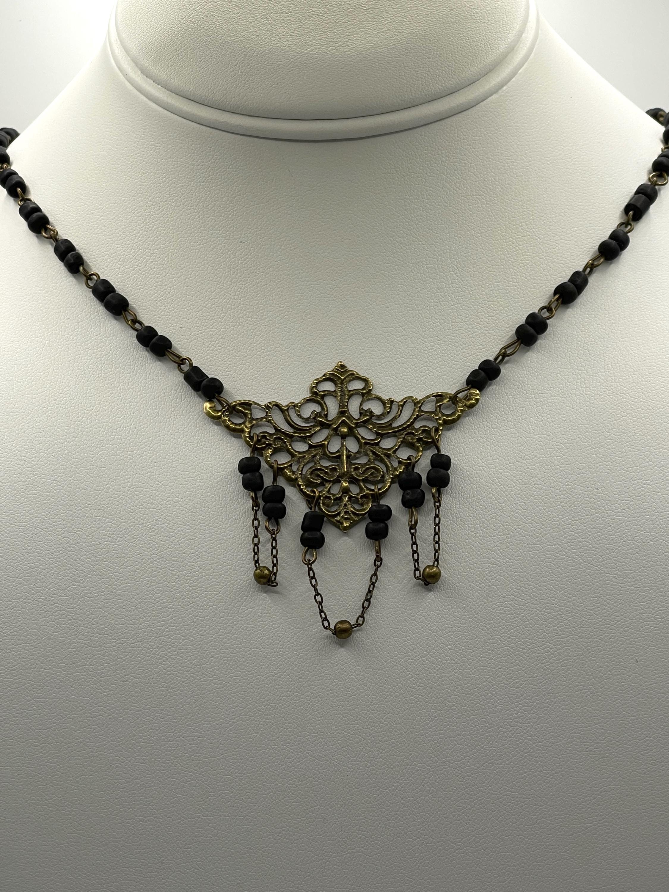 Vintage Art Nouveau Inspired Handmade Beaded Necklace with Bead and Chain Loops