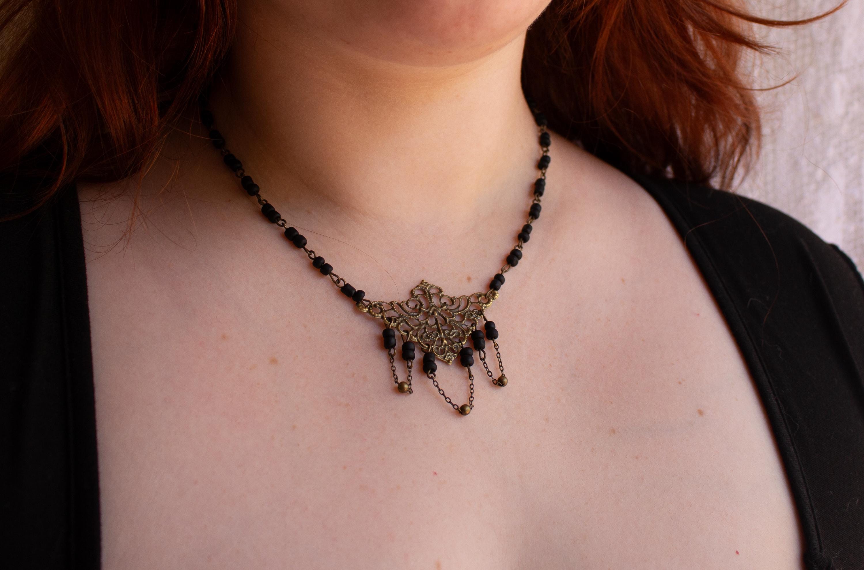 Vintage Art Nouveau Inspired Handmade Beaded Necklace with Bead and Chain Loops