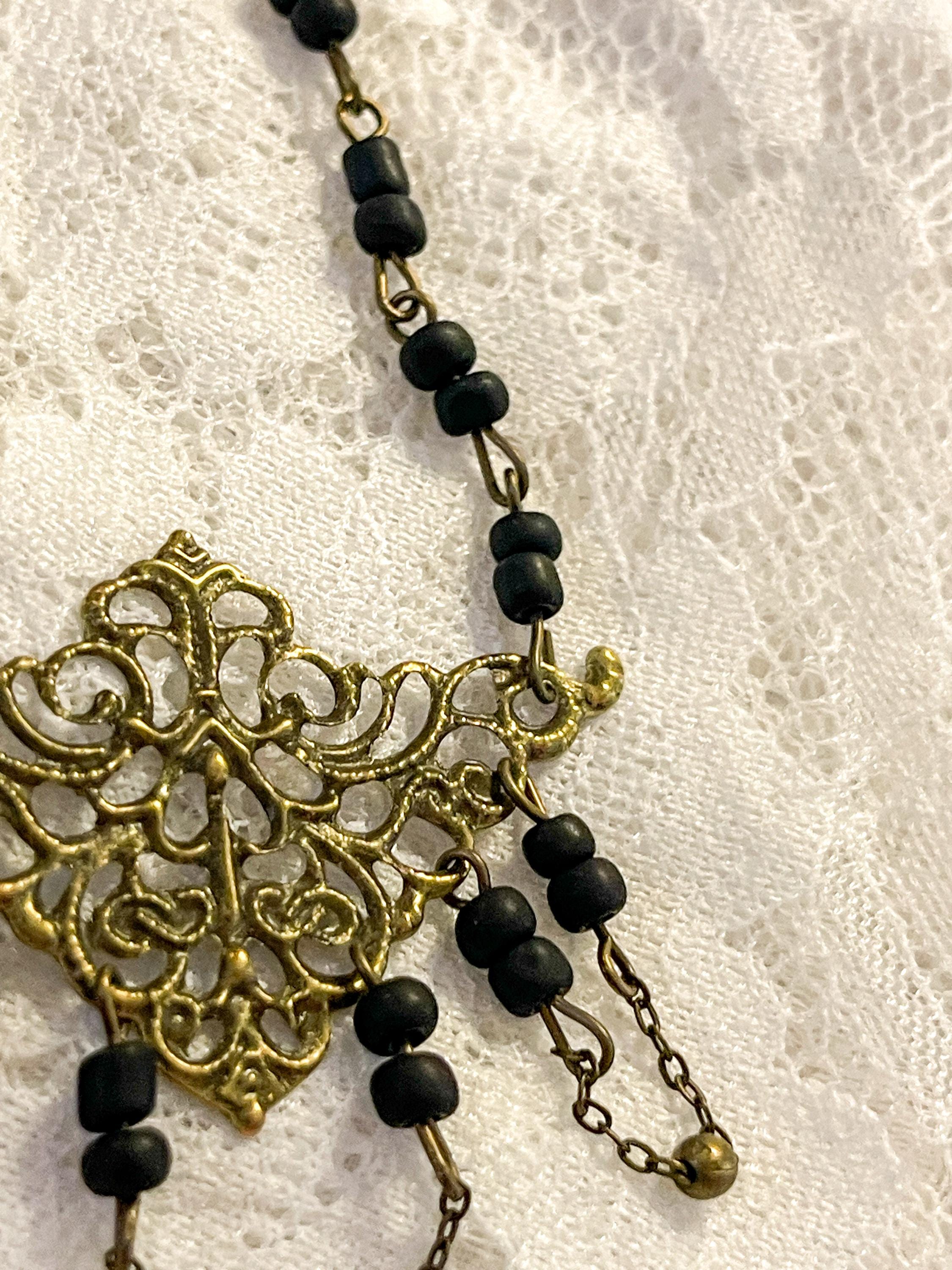 Vintage Art Nouveau Inspired Handmade Beaded Necklace with Bead and Chain Loops