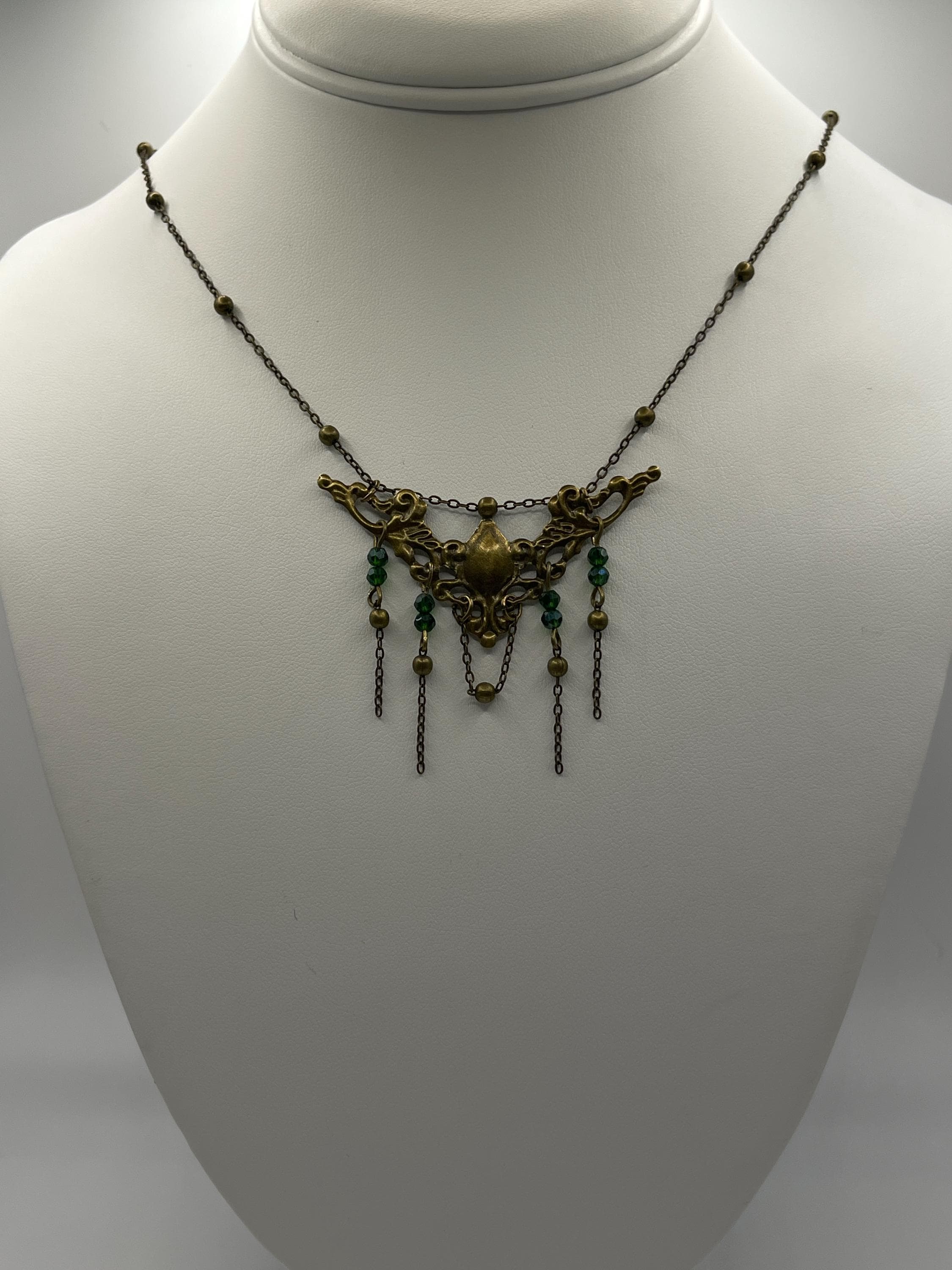 Vintage Art Nouveau Inspired Large Bronze Filigree Necklace with Green Beaded Chain Drops