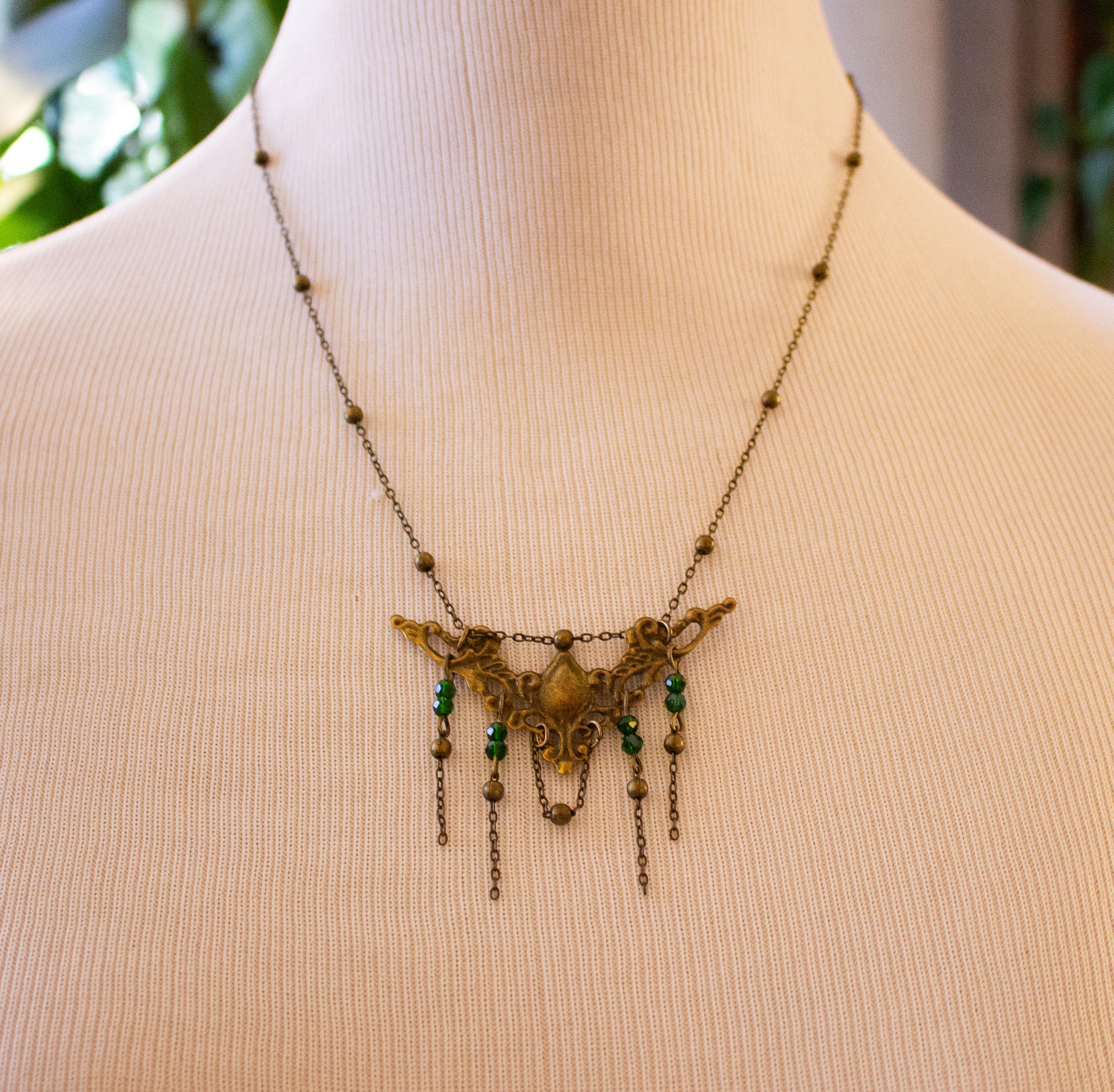 Vintage Art Nouveau Inspired Large Bronze Filigree Necklace with Green Beaded Chain Drops