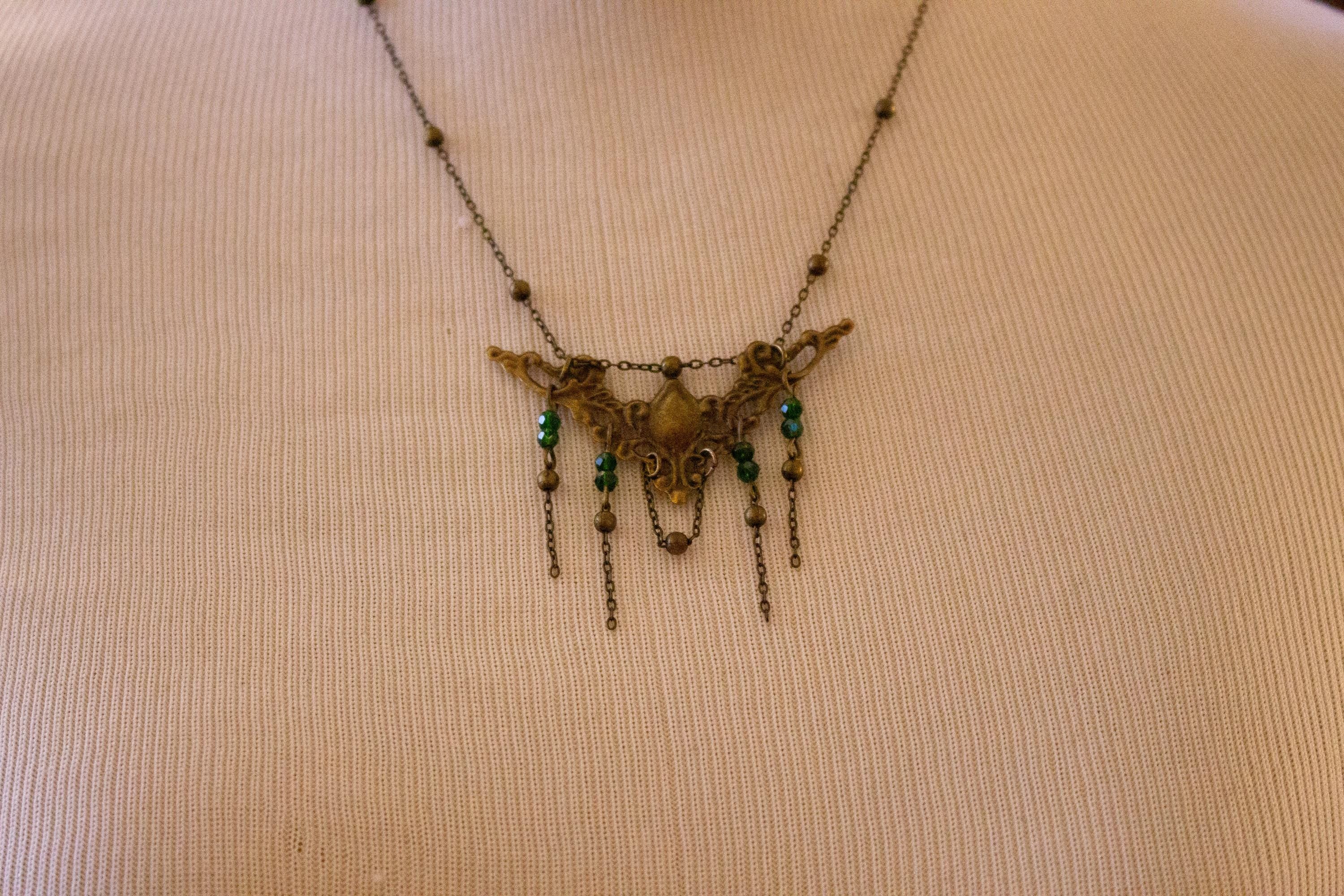 Vintage Art Nouveau Inspired Large Bronze Filigree Necklace with Green Beaded Chain Drops