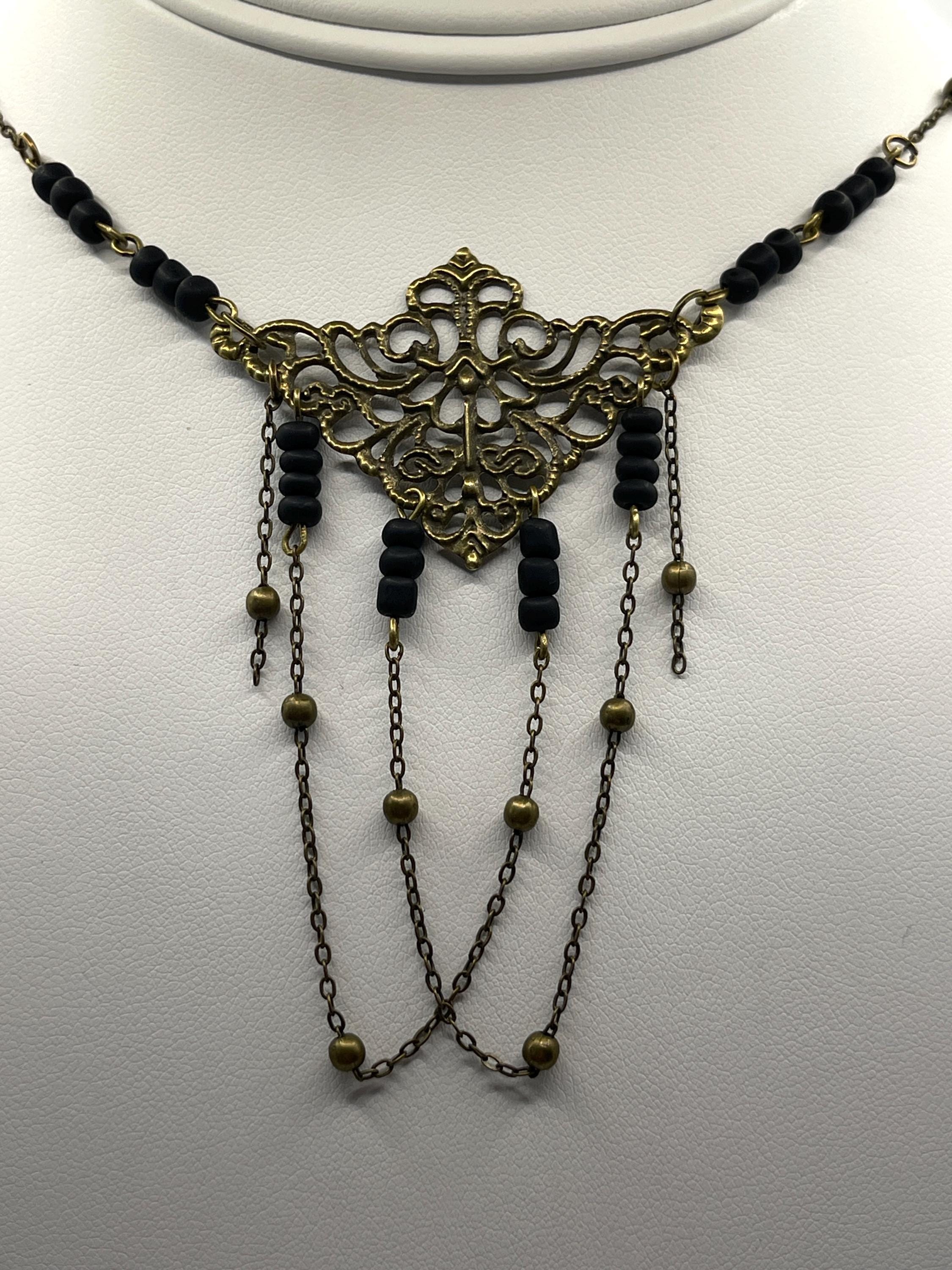 Vintage Art Nouveau Inspired Handmade Beaded Necklace with Bead and Chain Loops