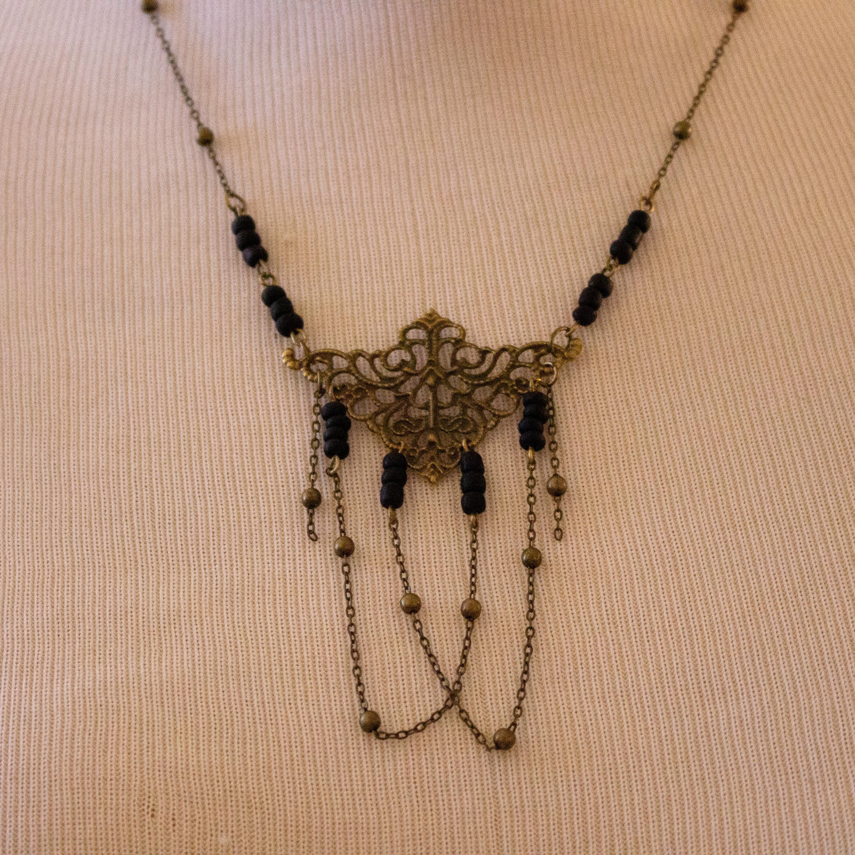 Vintage Art Nouveau Inspired Handmade Beaded Necklace with Bead and Chain Loops