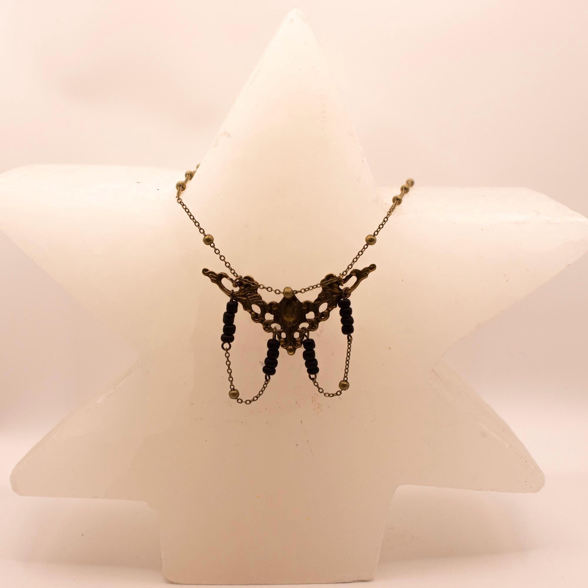 Art Nouveau Bronze Filigree Necklace ⋆ Vintage Inspired Black Bead Pendant with Draping Chains ⋆