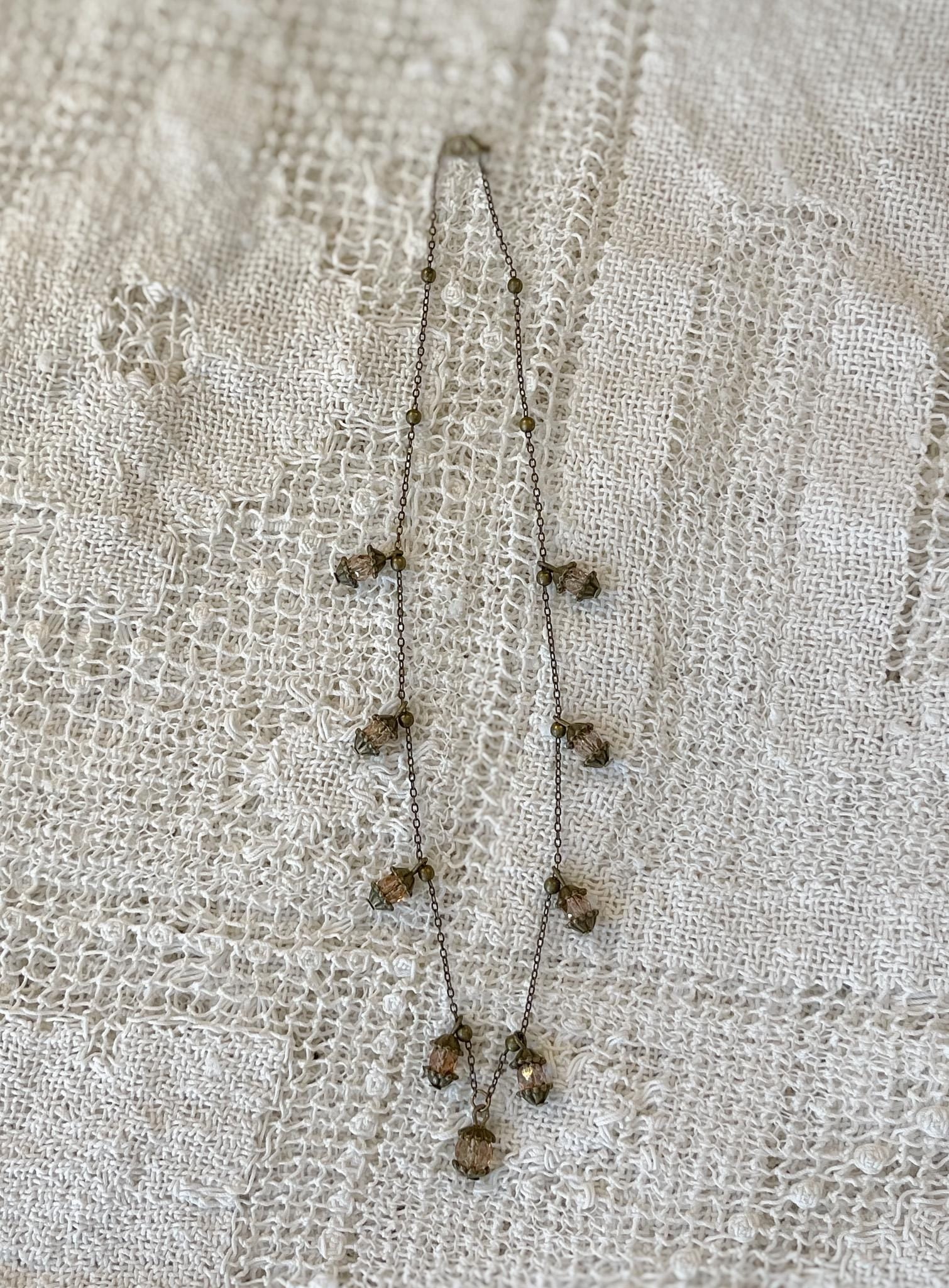 Vintage Inspired Bronze Necklace with Pink Lantern-Inspired Drops