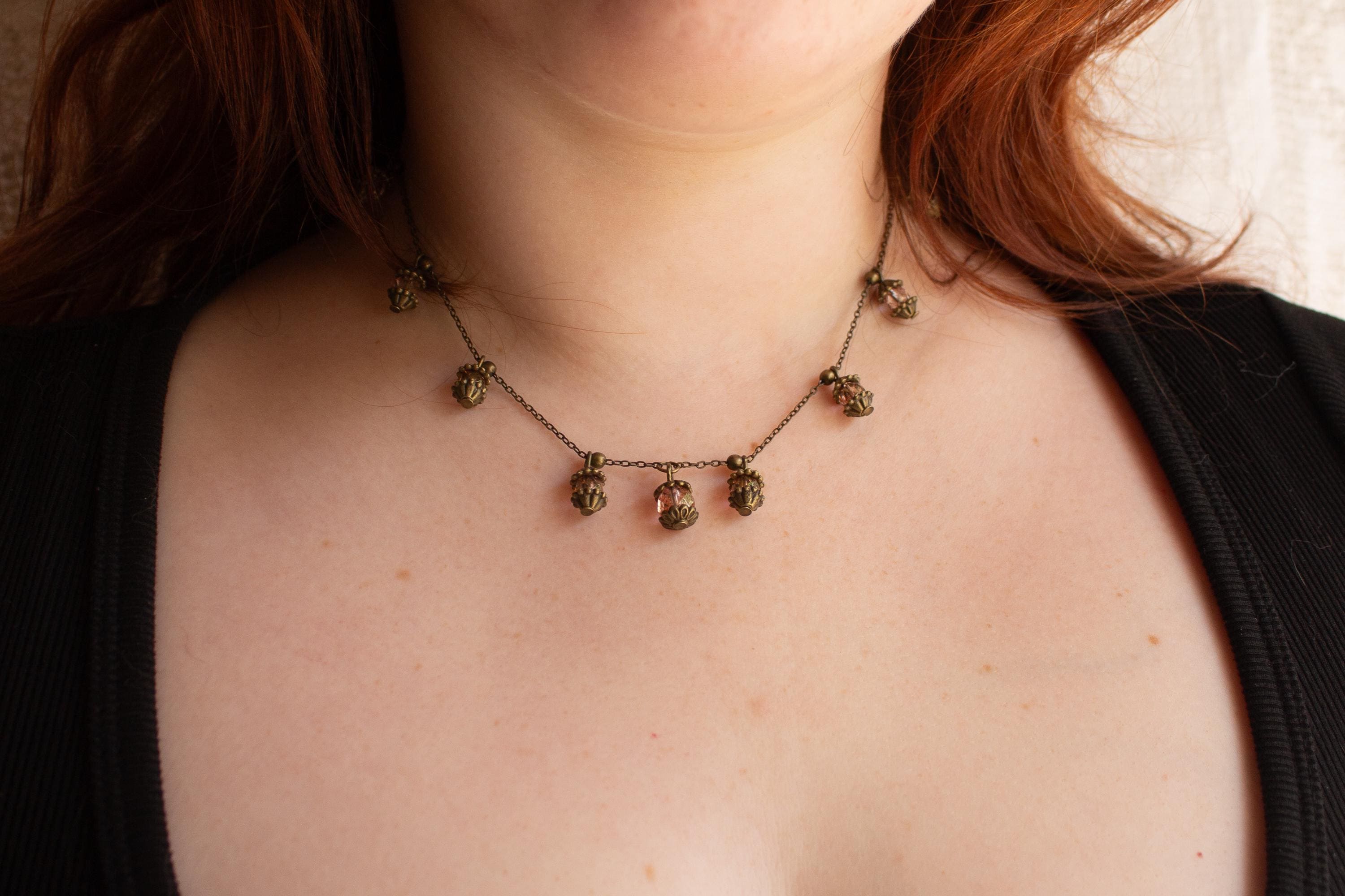 Vintage Inspired Bronze Necklace with Pink Lantern-Inspired Drops