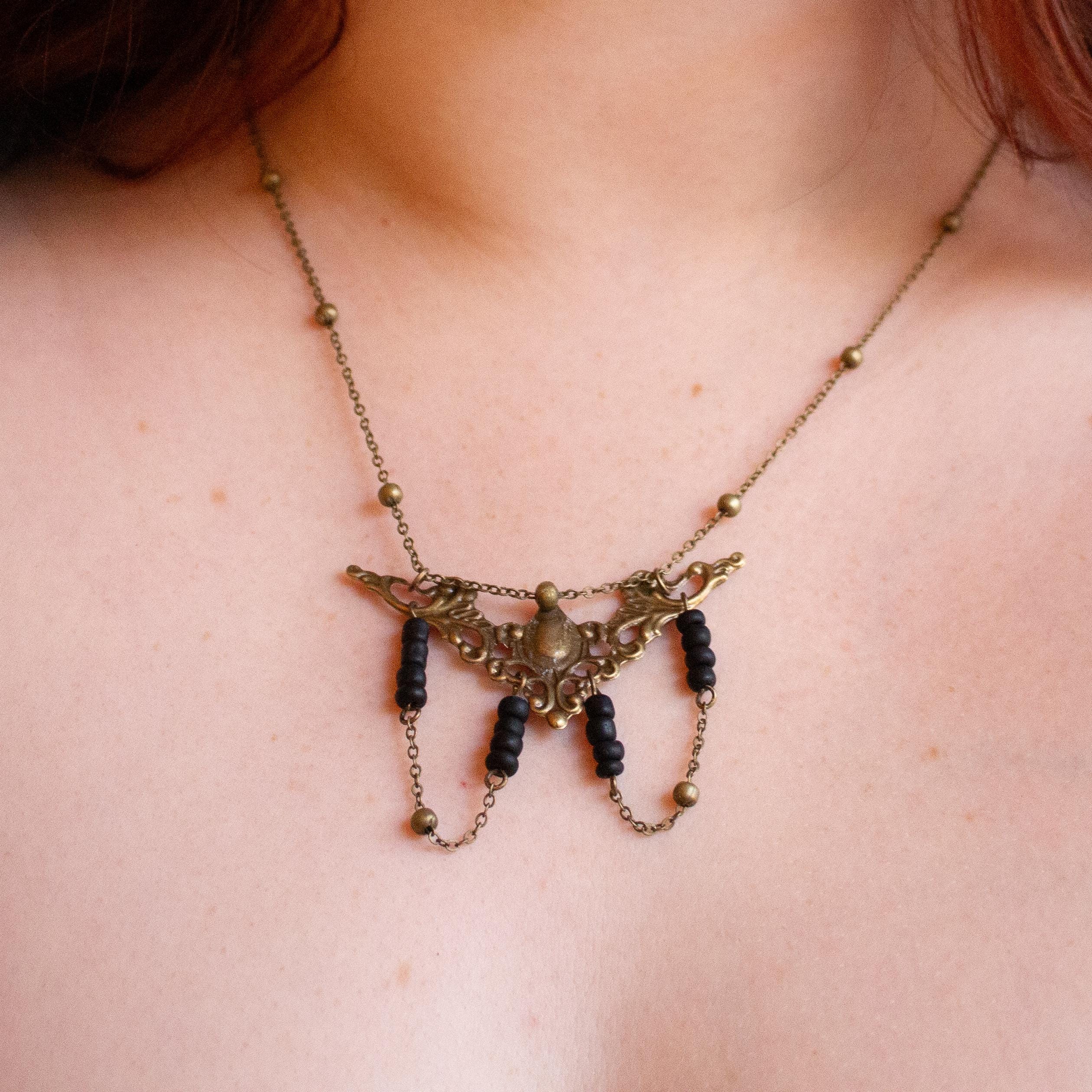 Art Nouveau Bronze Filigree Necklace ⋆ Vintage Inspired Black Bead Pendant with Draping Chains ⋆