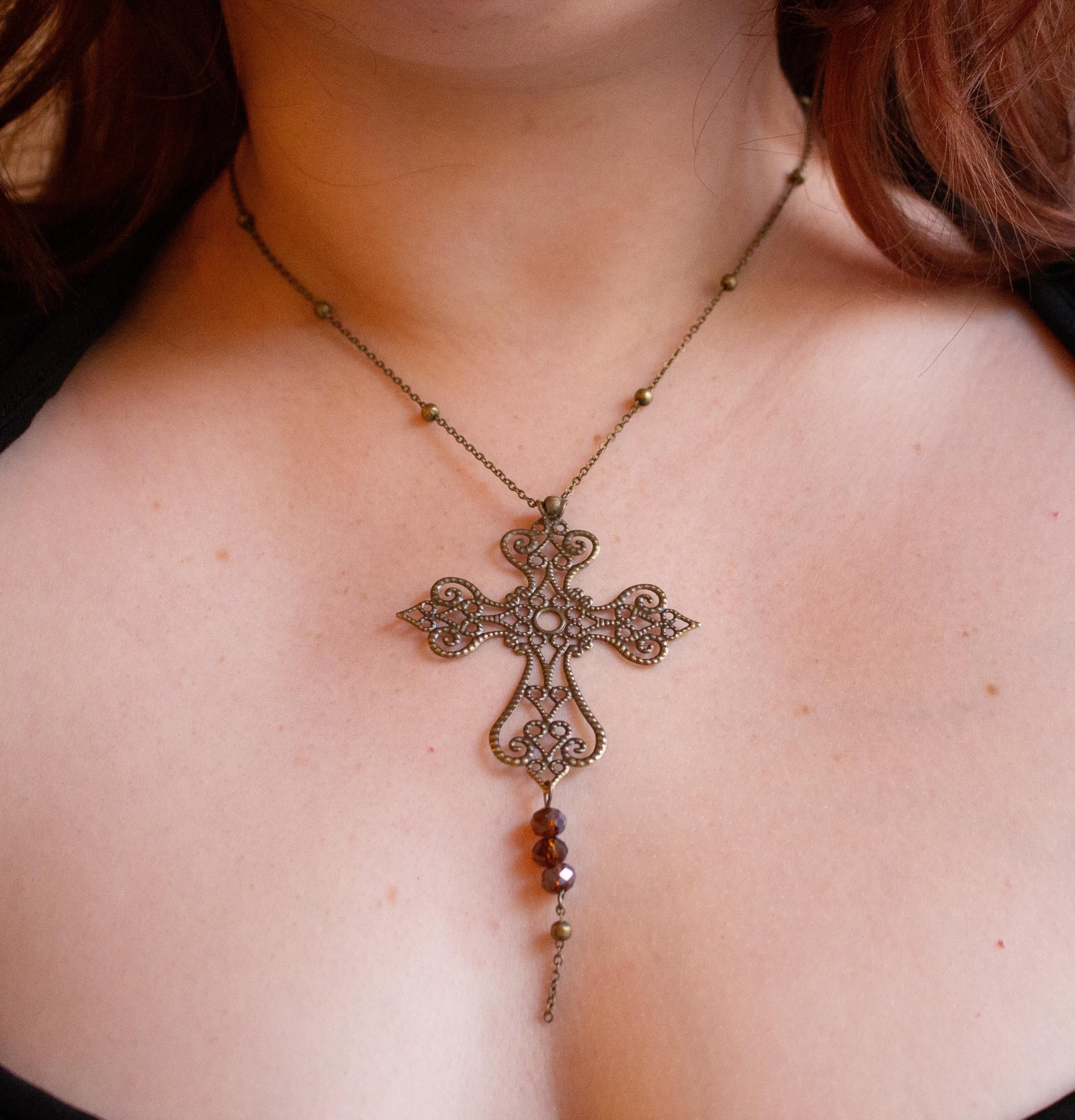 Vintage Art Nouveau Inspired Bronze Filigree Cross Necklace ⋆ Three Purple Bead Drop Pendant