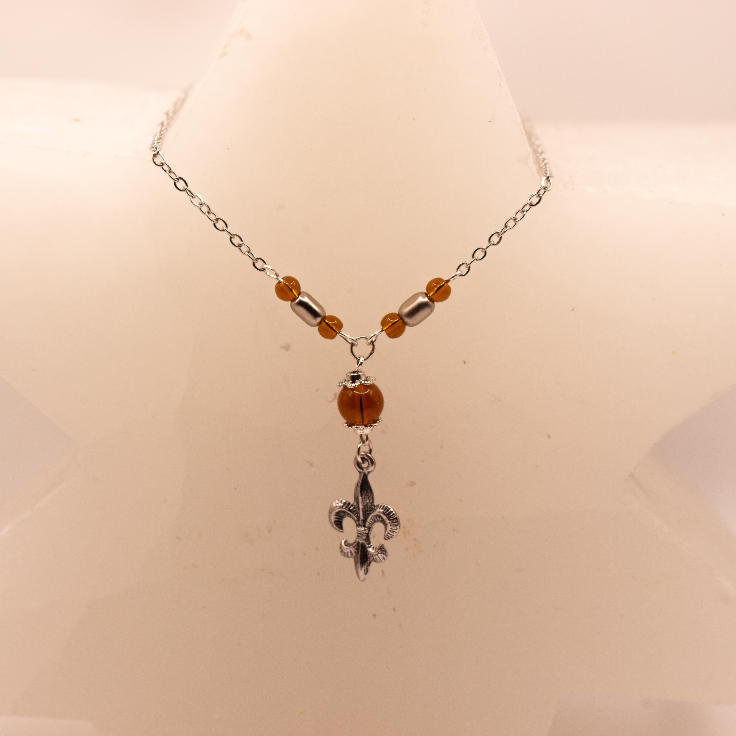 Vintage Inspired Sterling Silver Necklace ⋆ Fleur-de-Lis Pendant with Orange Beads