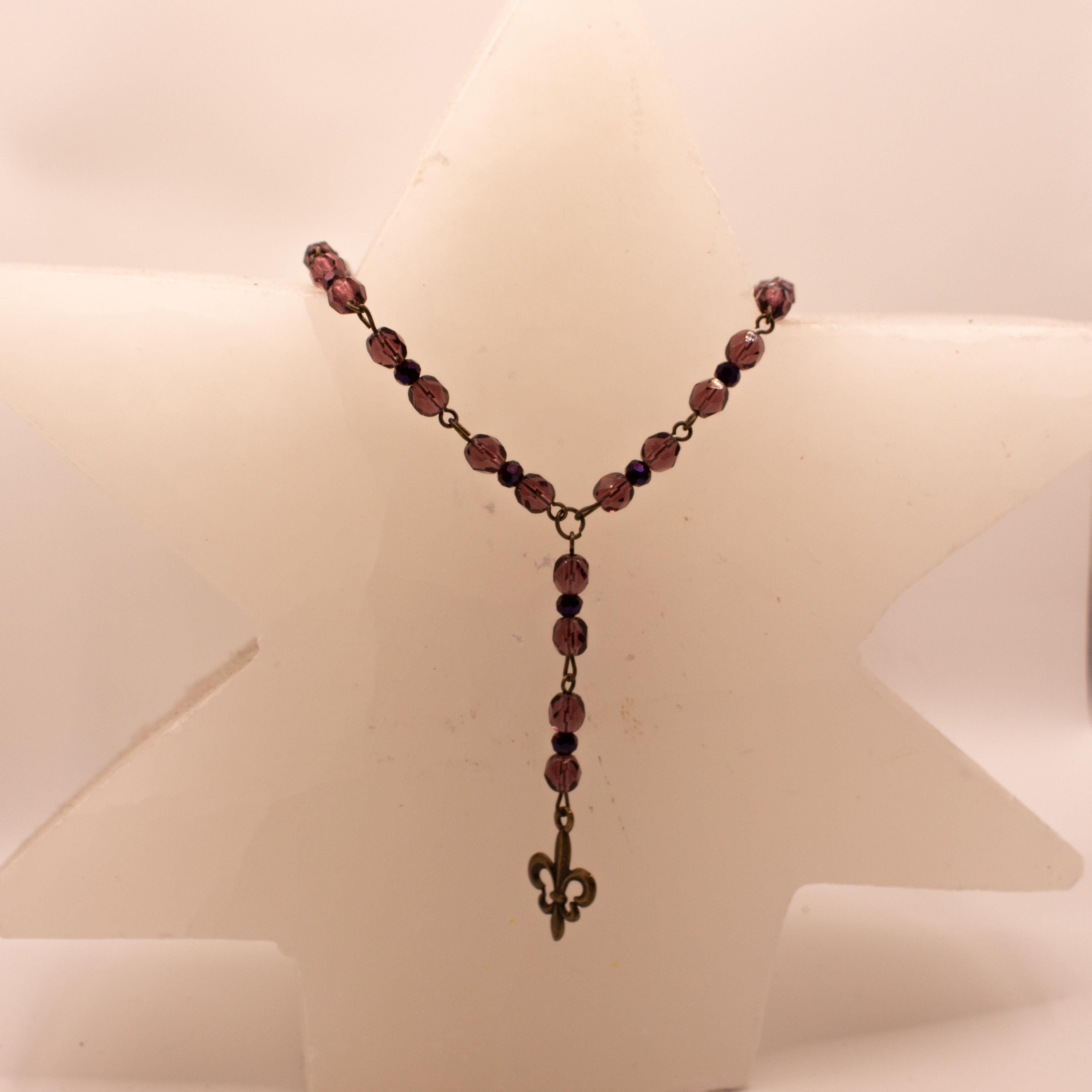Vintage Inspired Light and Dark Purple Beaded Fleur-de-Lis Necklace